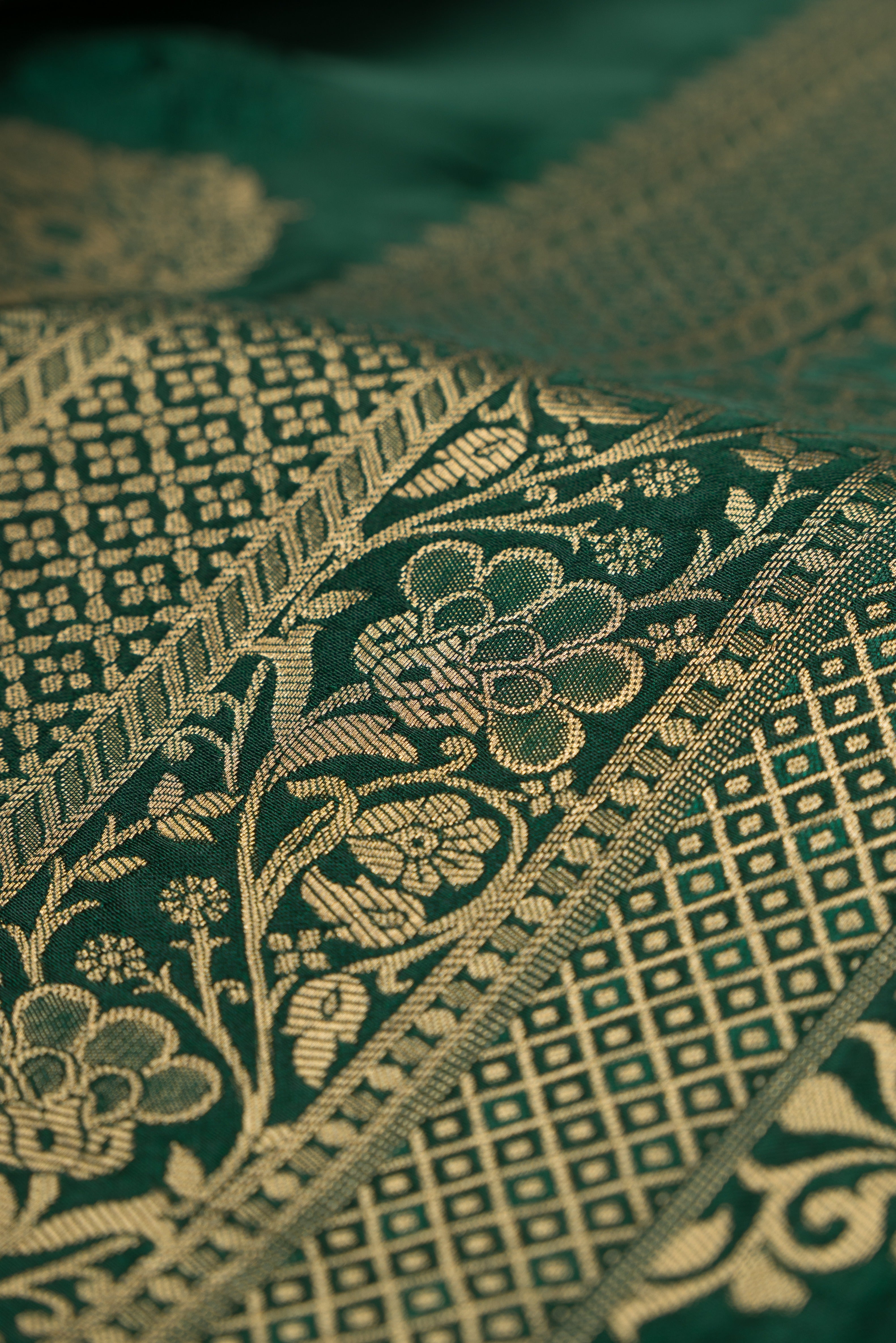 Bottle Green Katan Silk Banarasi Saree with Resham and Zari Floral butti