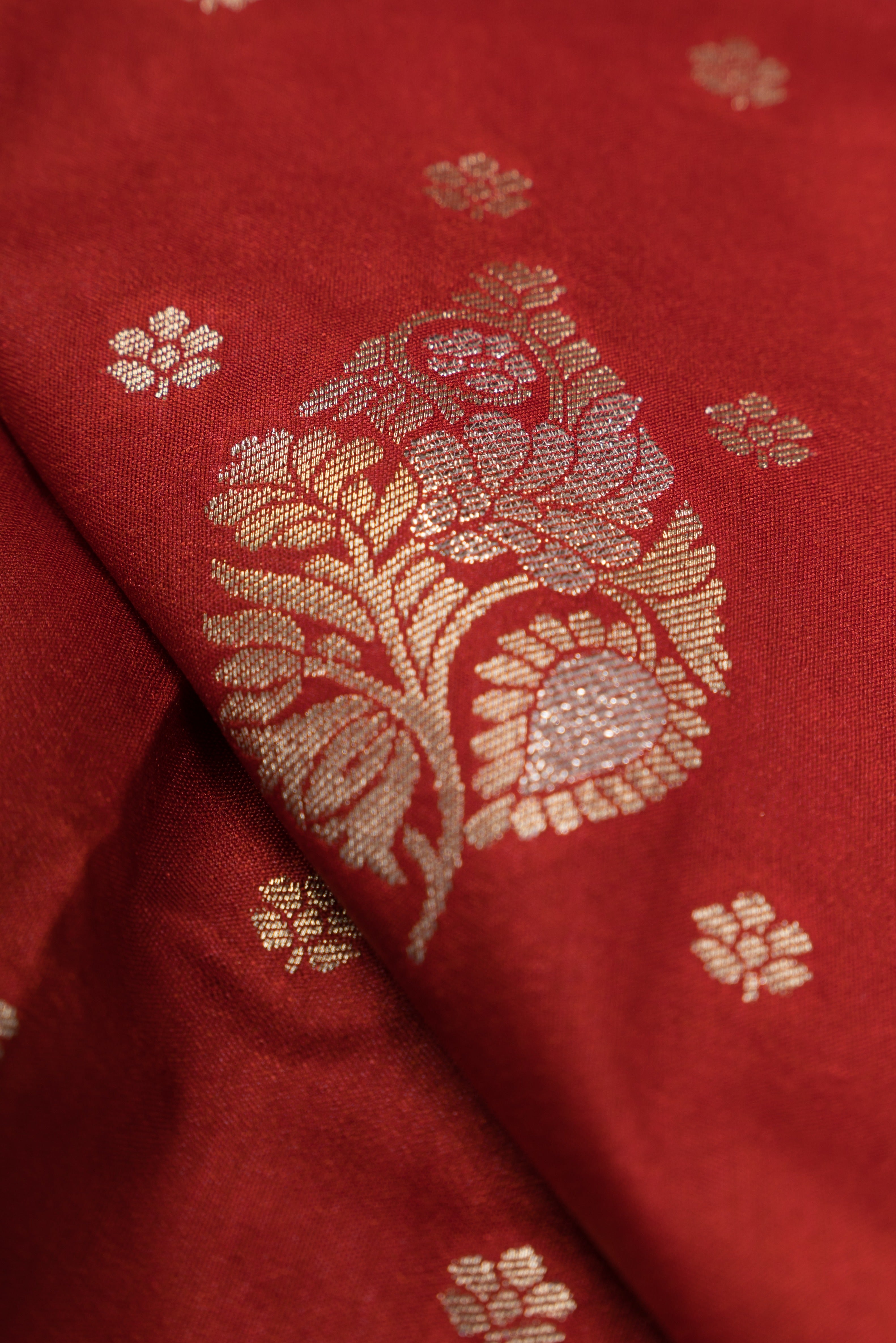 Rust Tussar Silk Banarasi Saree with Gold Zari Parna butti