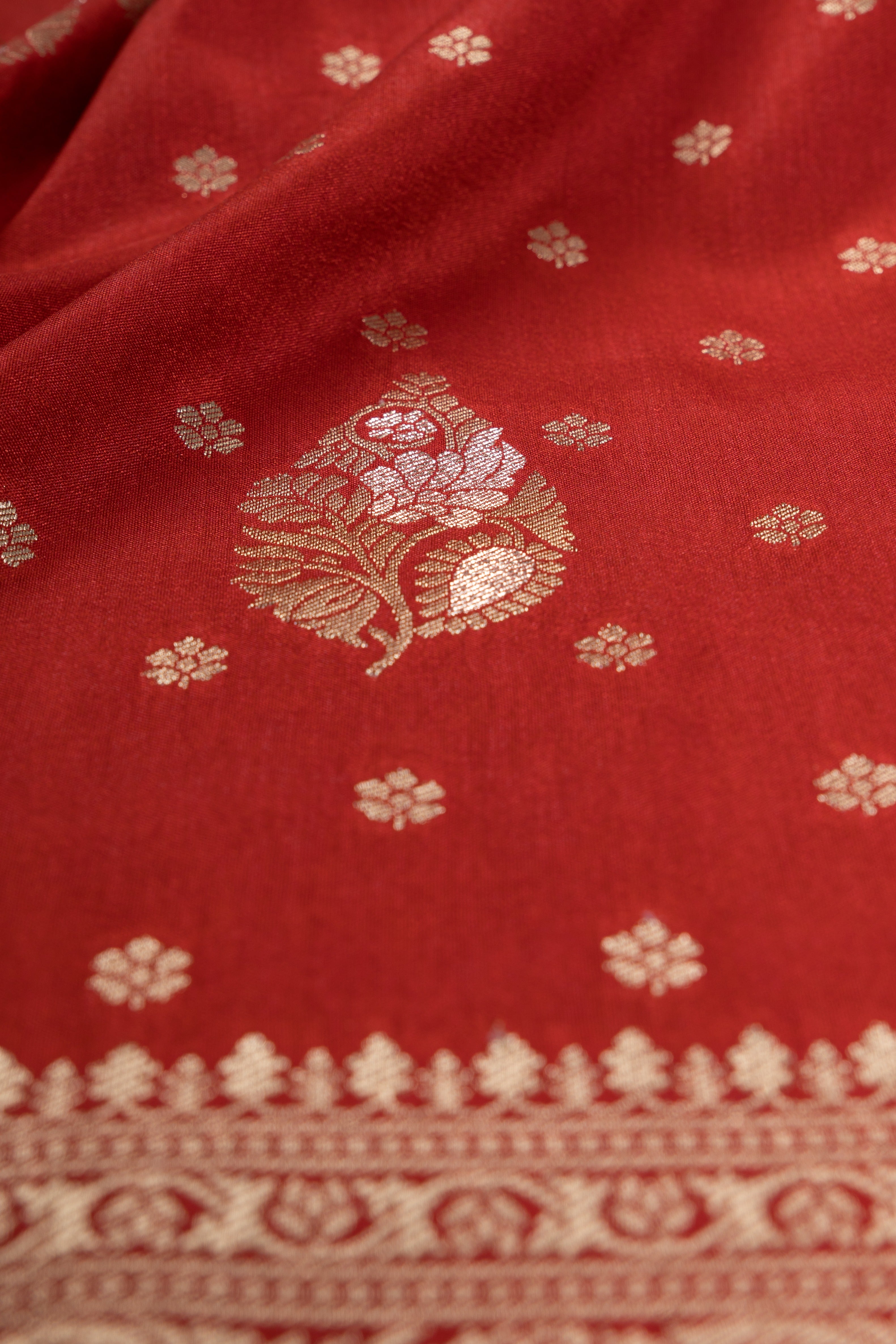 Rust Tussar Silk Banarasi Saree with Gold Zari Parna butti