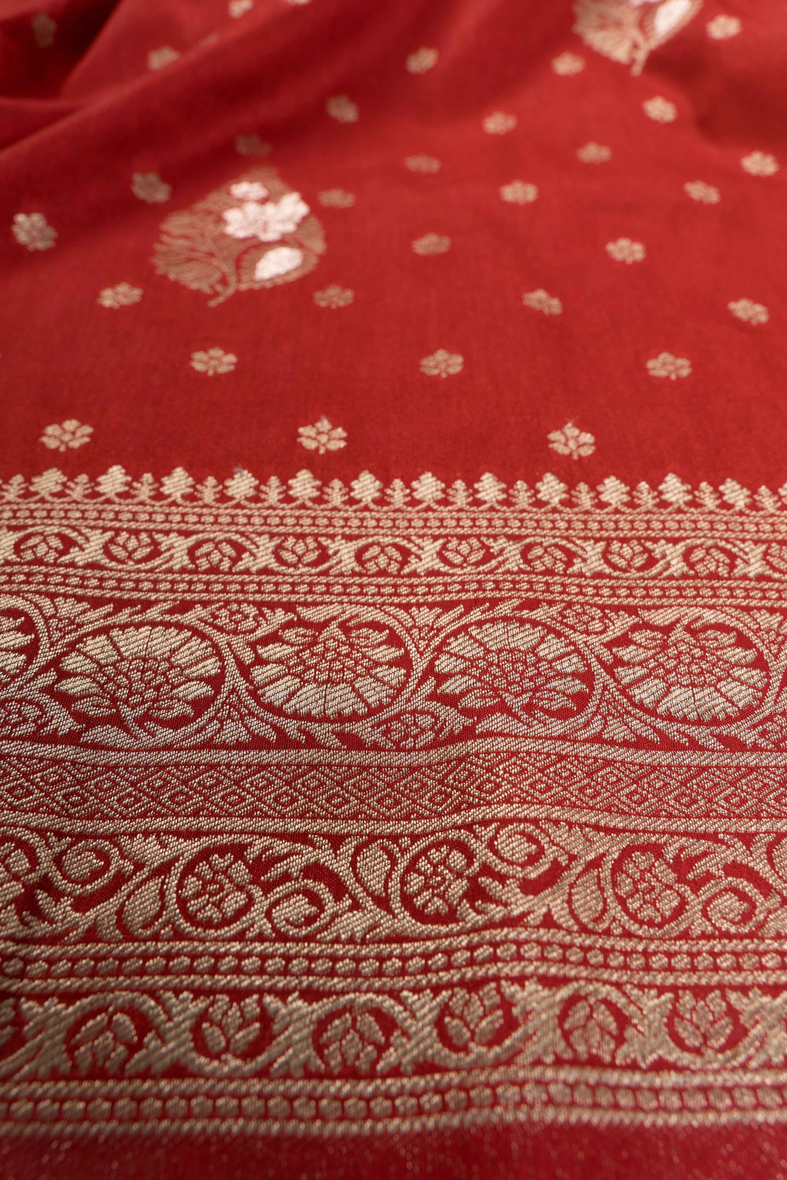 Rust Tussar Silk Banarasi Saree with Gold Zari Parna butti