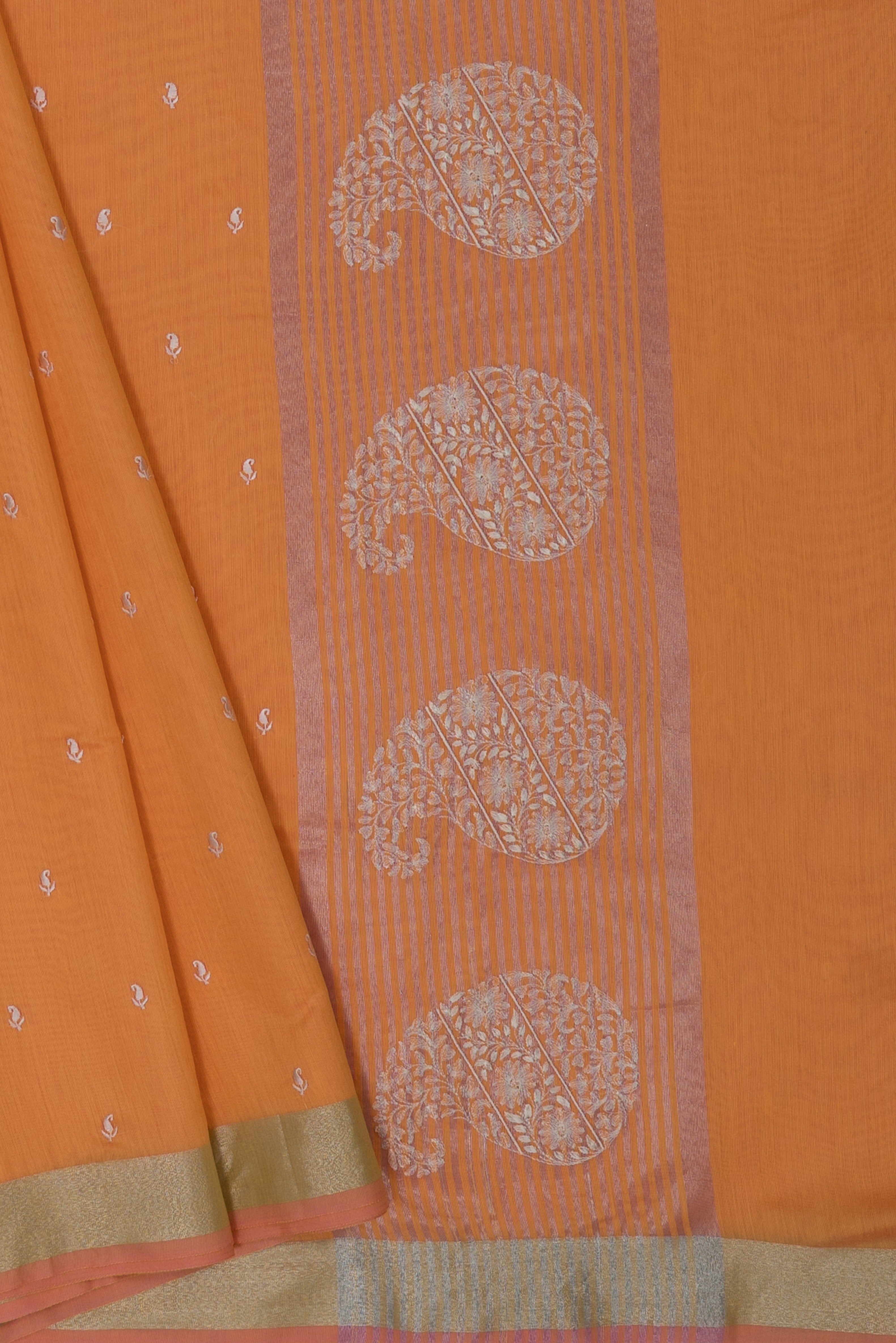 Mango Yellow Cotton Saree with Resham threadwork butti and Aamra Pallu