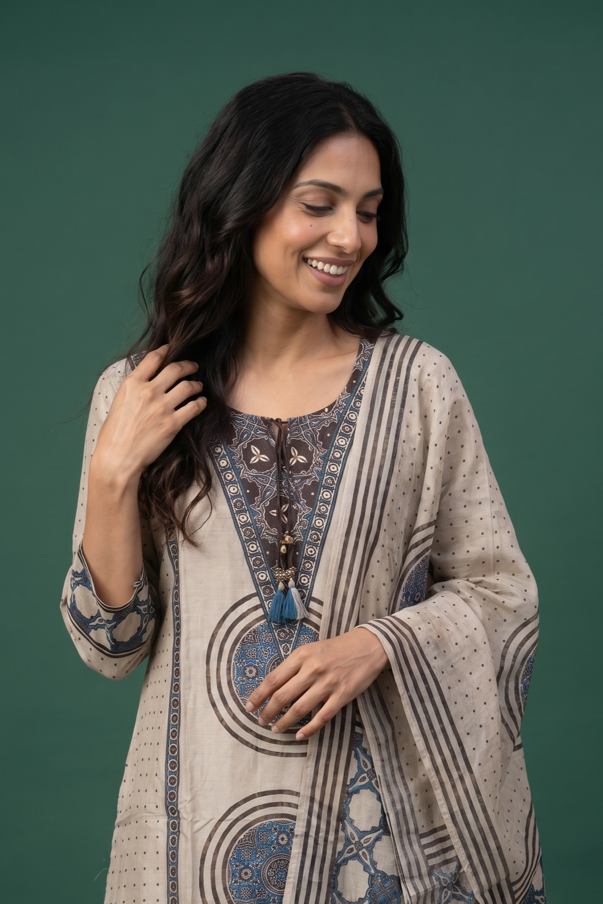 Beige Crepe Kurti with Ajrakh-Inspired Medallion Print