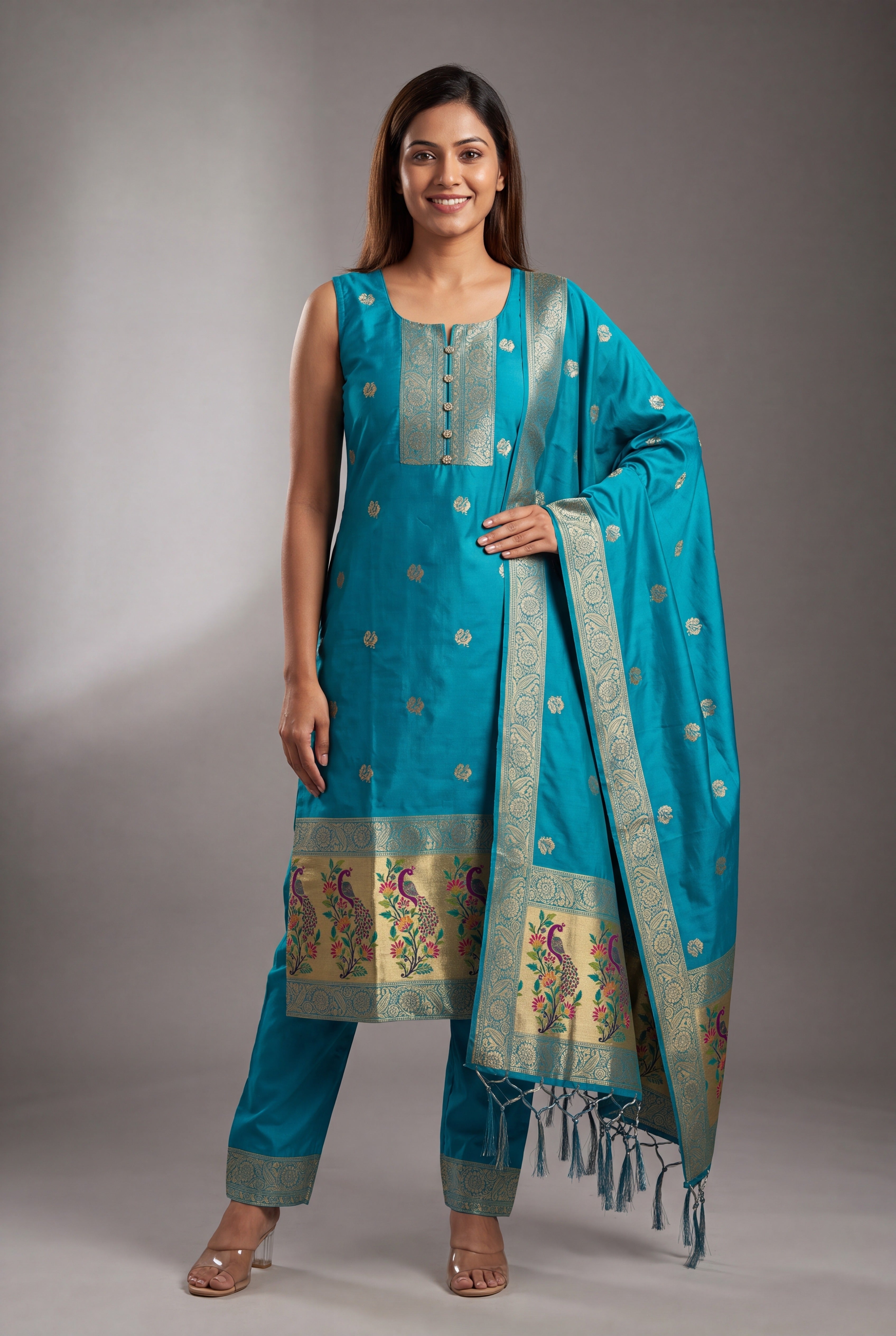 Aqua Blue Soft Silk Paithani Suit Set with Resham threadwork