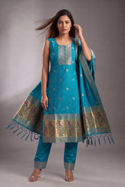 Aqua Blue Soft Silk Paithani Suit Set with Resham threadwork