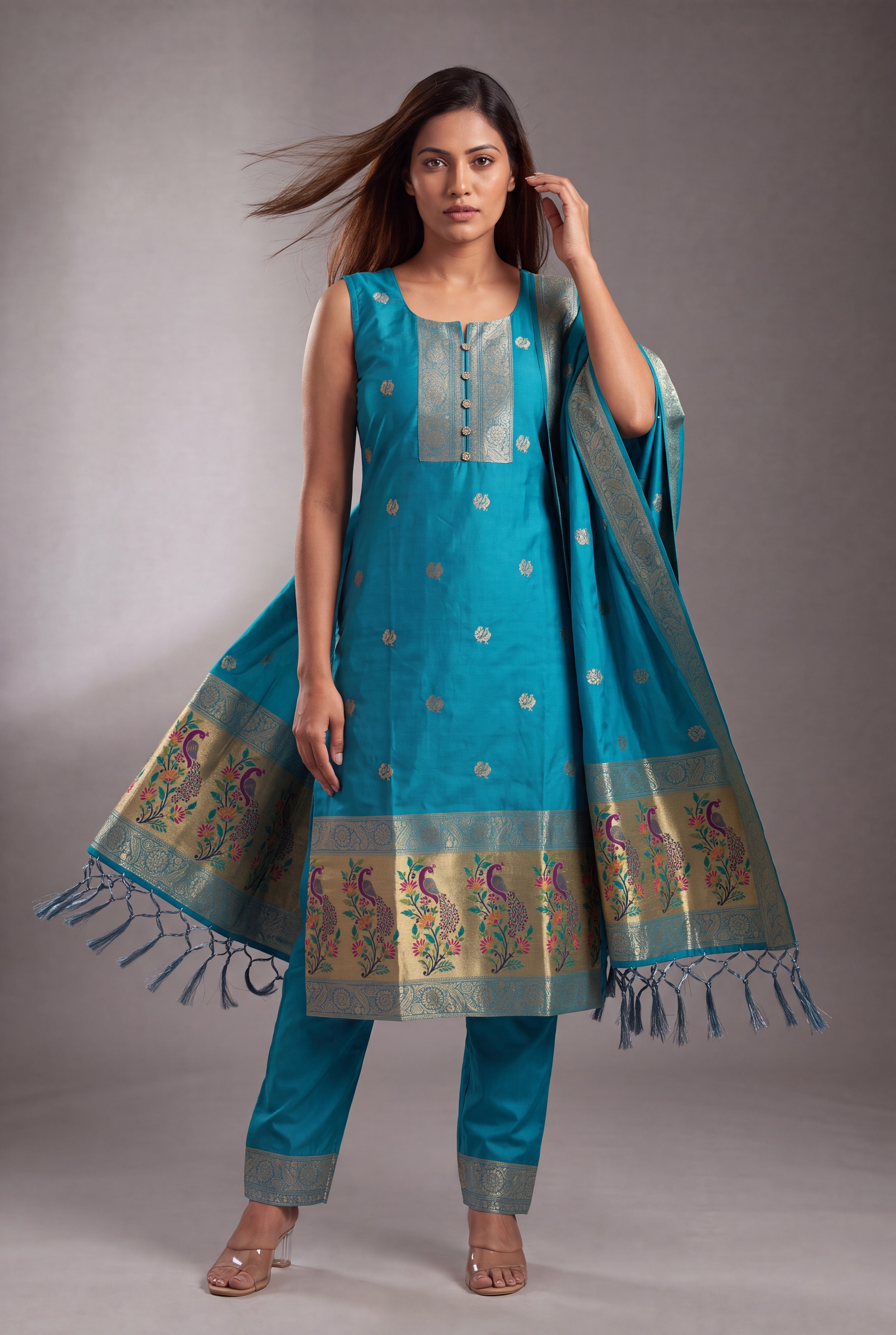 Aqua Blue Soft Silk Paithani Suit Set with Resham threadwork