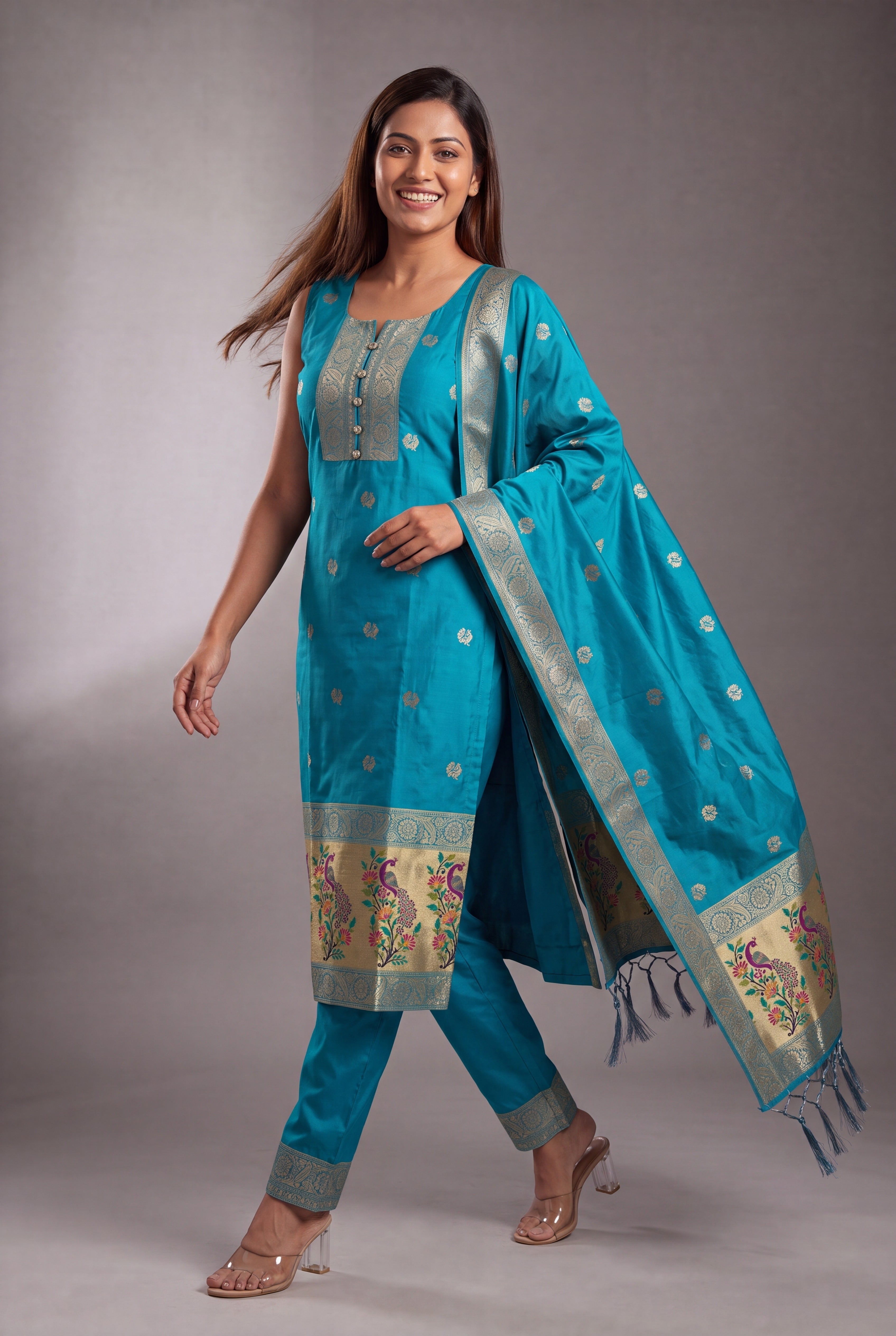 Aqua Blue Soft Silk Paithani Suit Set with Resham threadwork