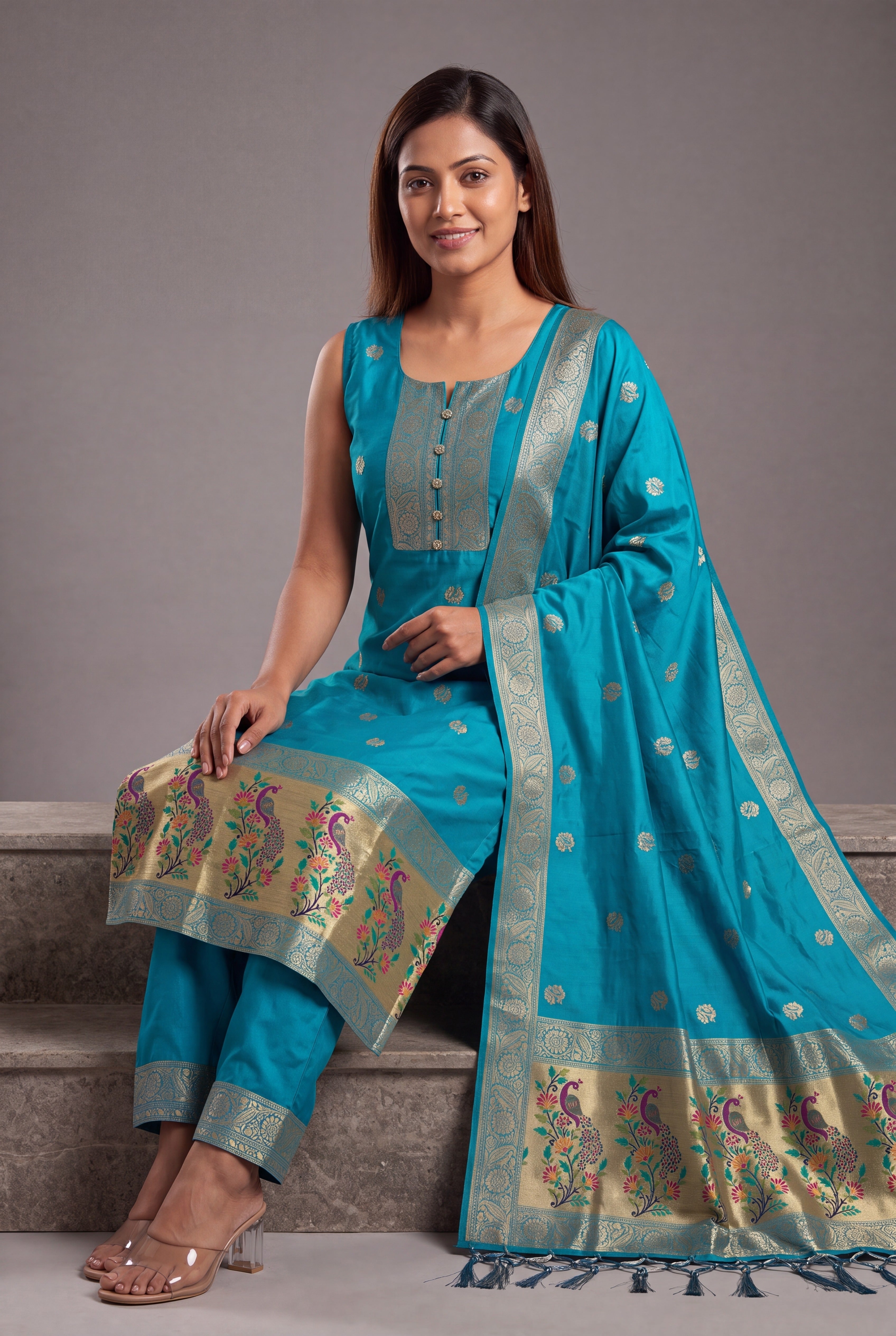 Aqua Blue Soft Silk Paithani Suit Set with Resham threadwork