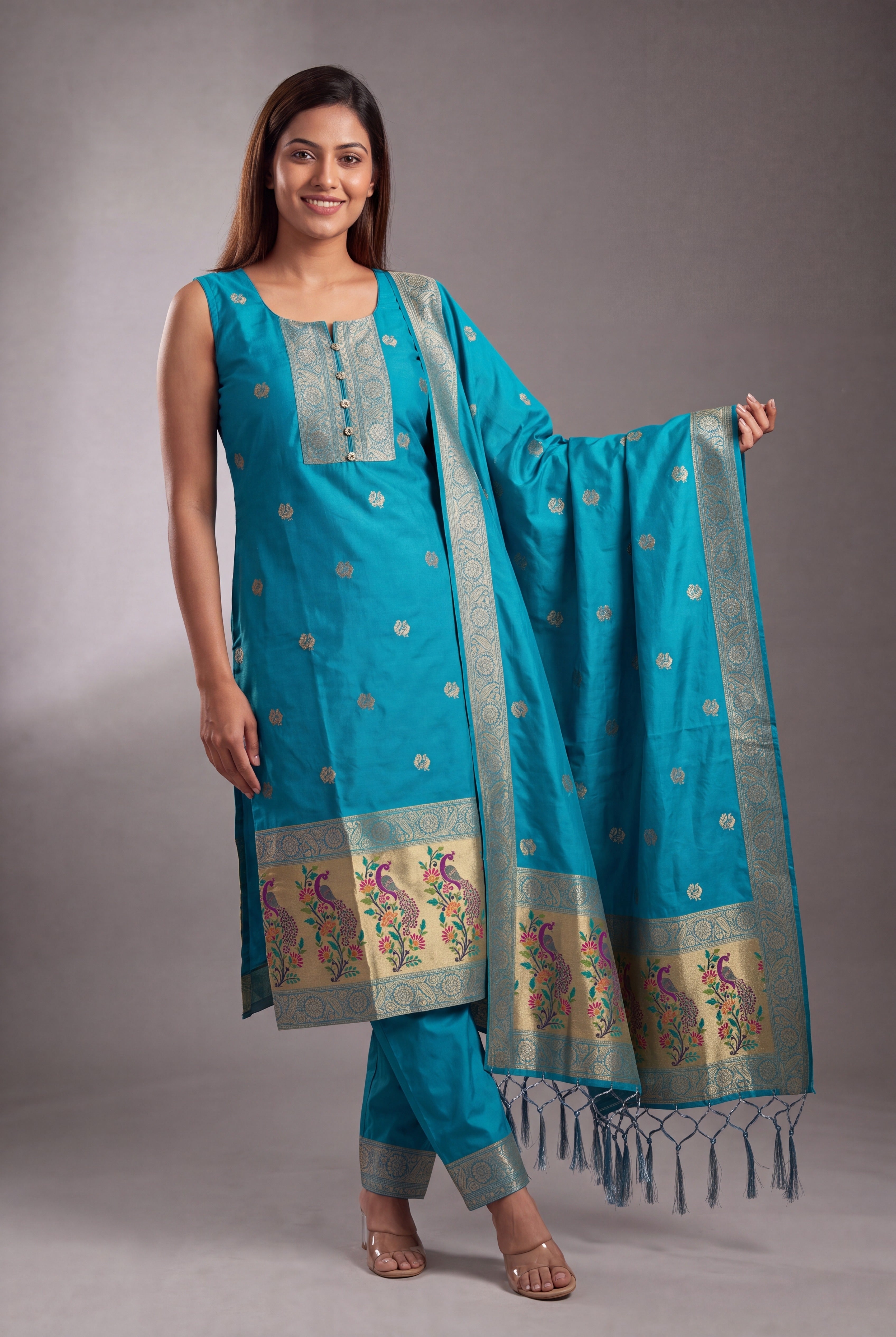 Aqua Blue Soft Silk Paithani Suit Set with Resham threadwork