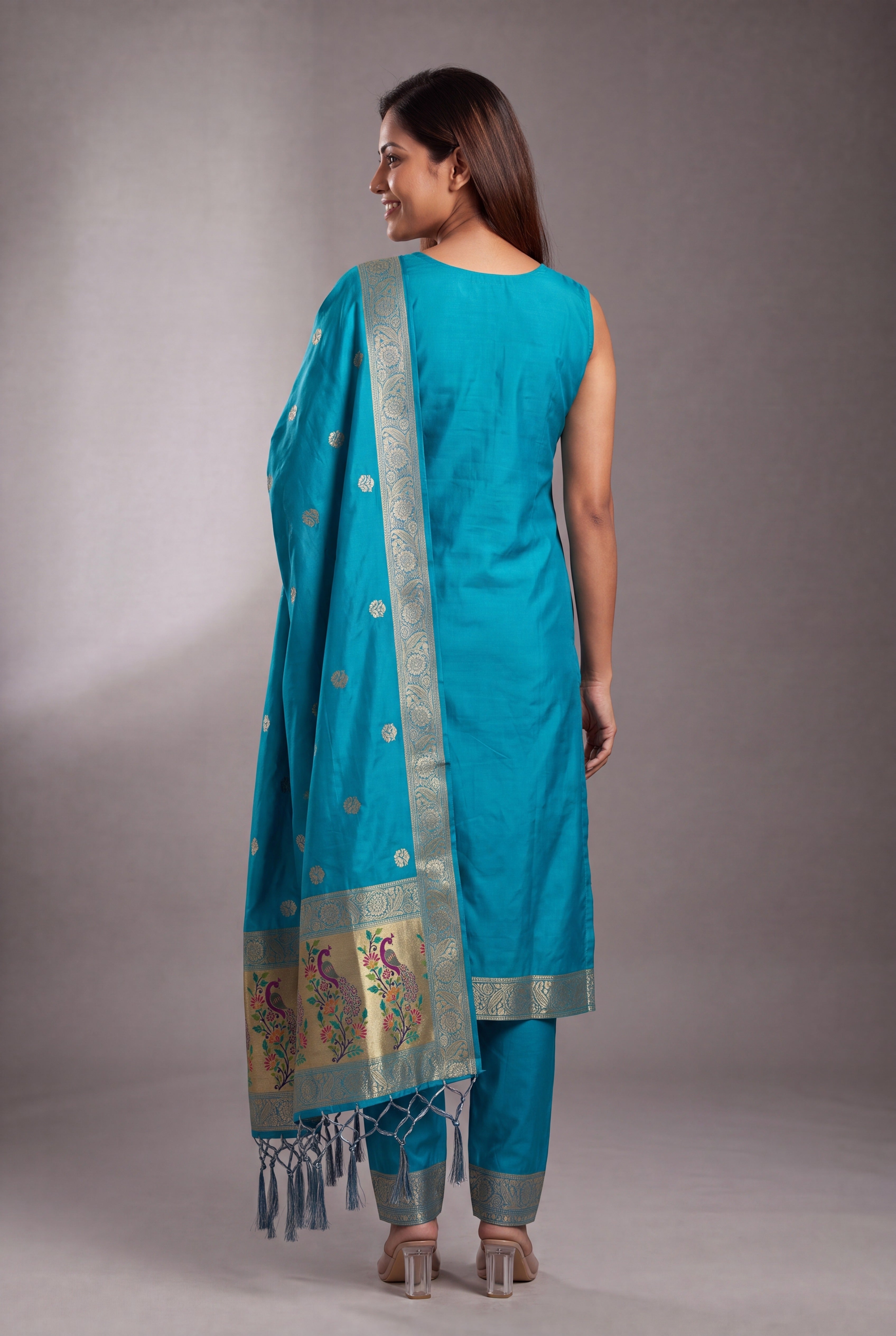 Aqua Blue Soft Silk Paithani Suit Set with Resham threadwork
