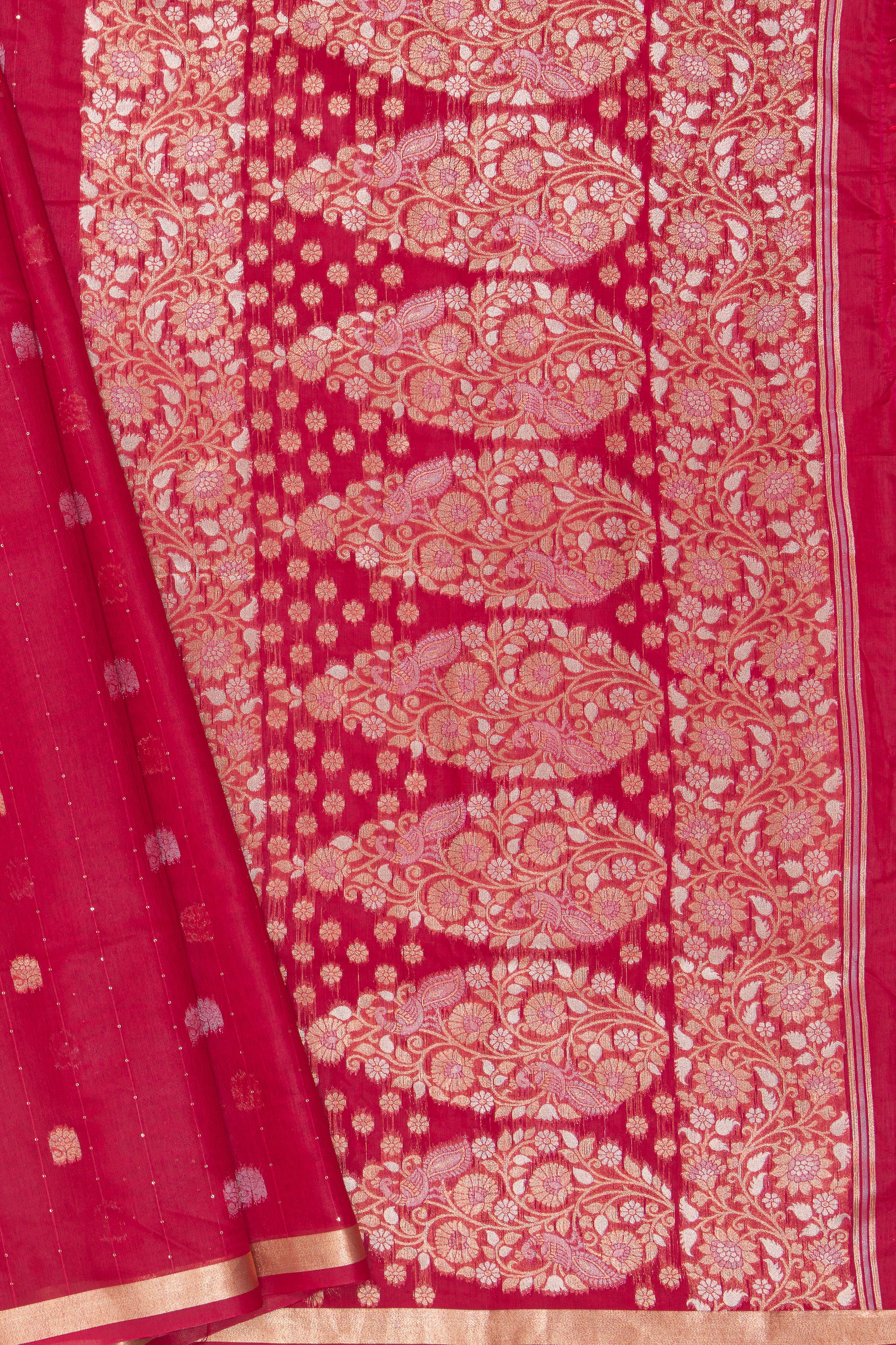 Ruby Red Jamdhani Cotton Paithani Saree with Resham stripes, Zari butti and Sequins work