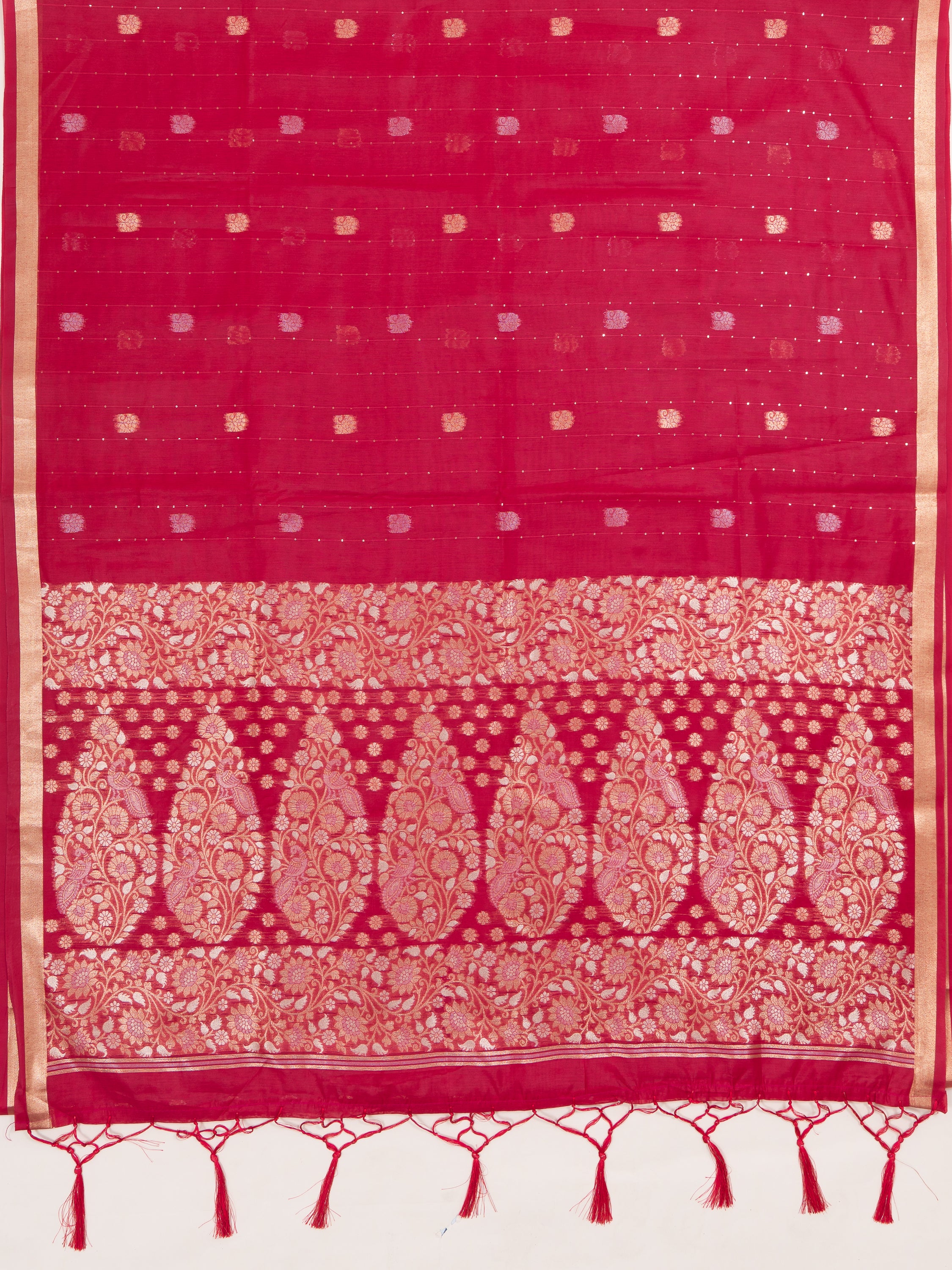 Ruby Red Jamdhani Cotton Paithani Saree with Resham stripes, Zari butti and Sequins work