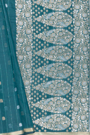 Peacock Green Jamdhani Cotton Paithani Saree with Resham stripes, Zari butti and Sequins work
