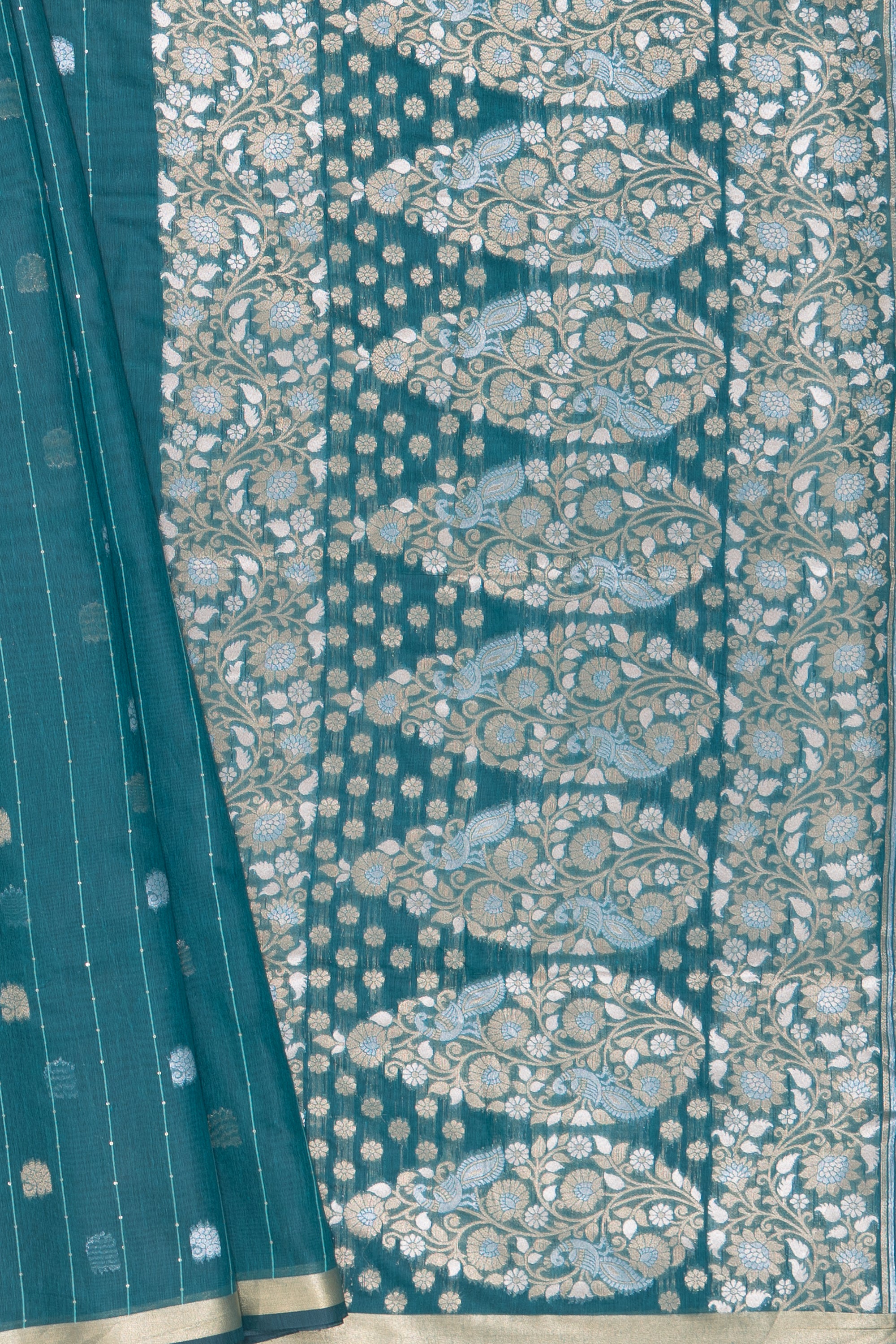 Peacock Green Jamdhani Cotton Paithani Saree with Resham stripes, Zari butti and Sequins work