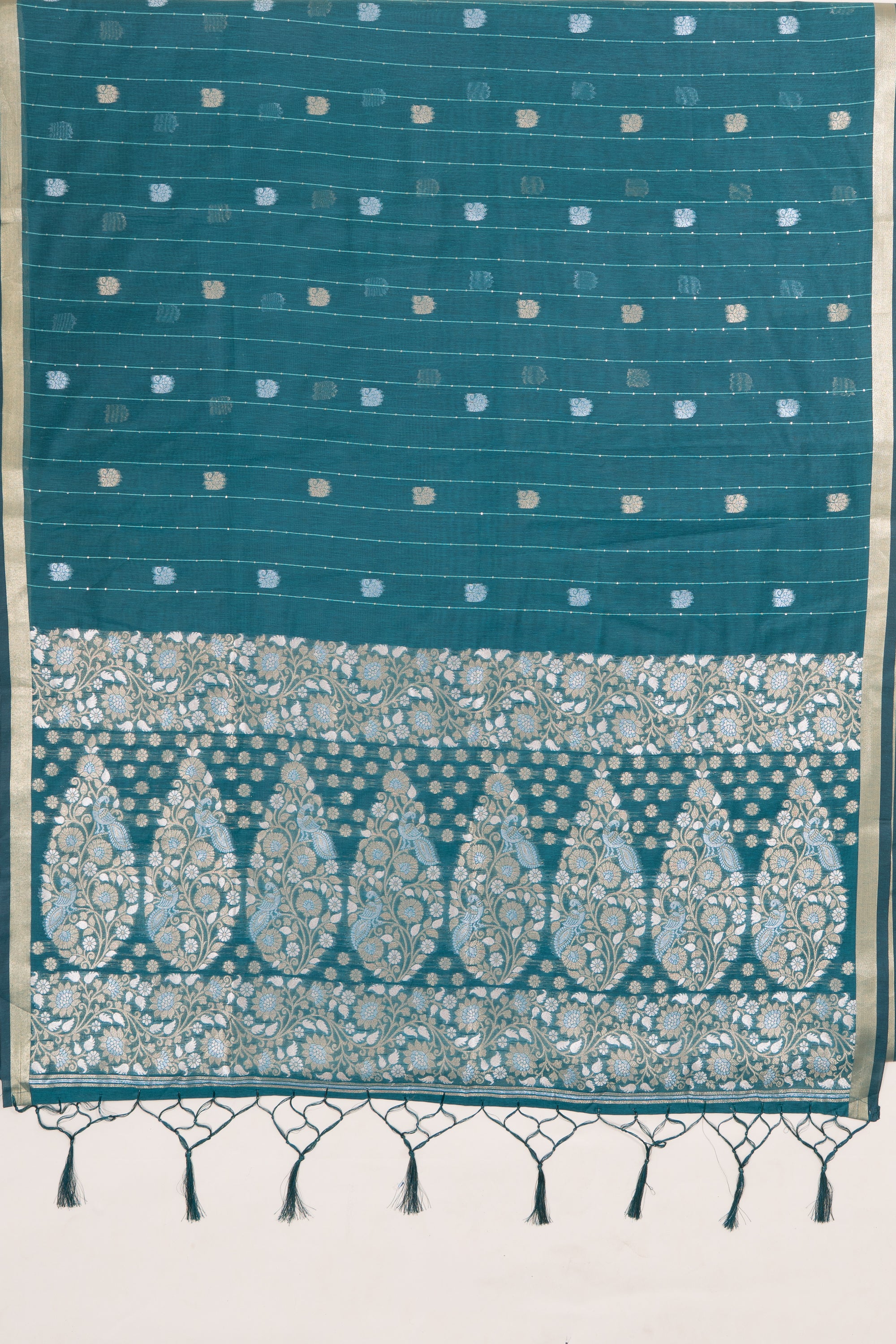 Peacock Green Jamdhani Cotton Paithani Saree with Resham stripes, Zari butti and Sequins work
