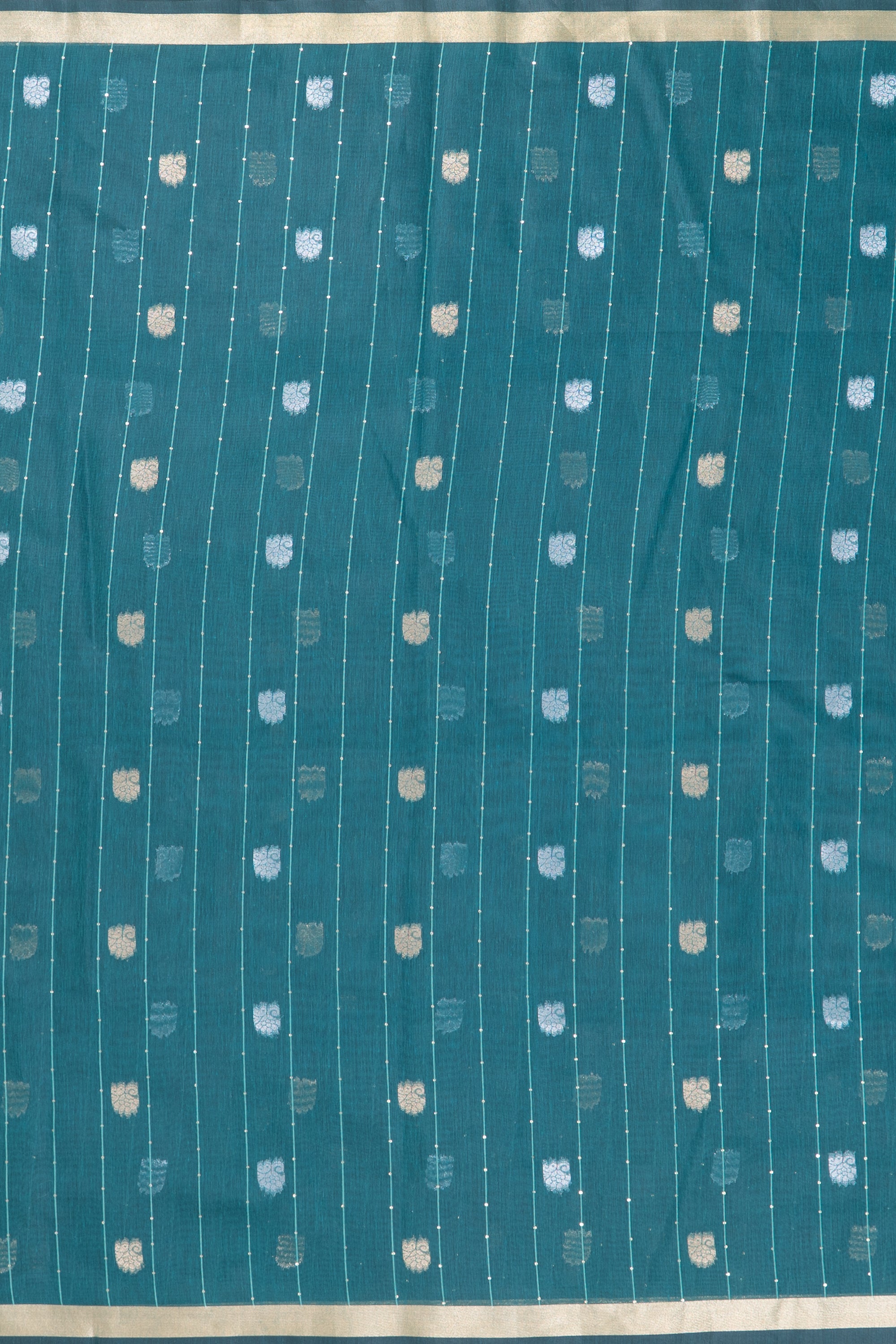 Peacock Green Jamdhani Cotton Paithani Saree with Resham stripes, Zari butti and Sequins work