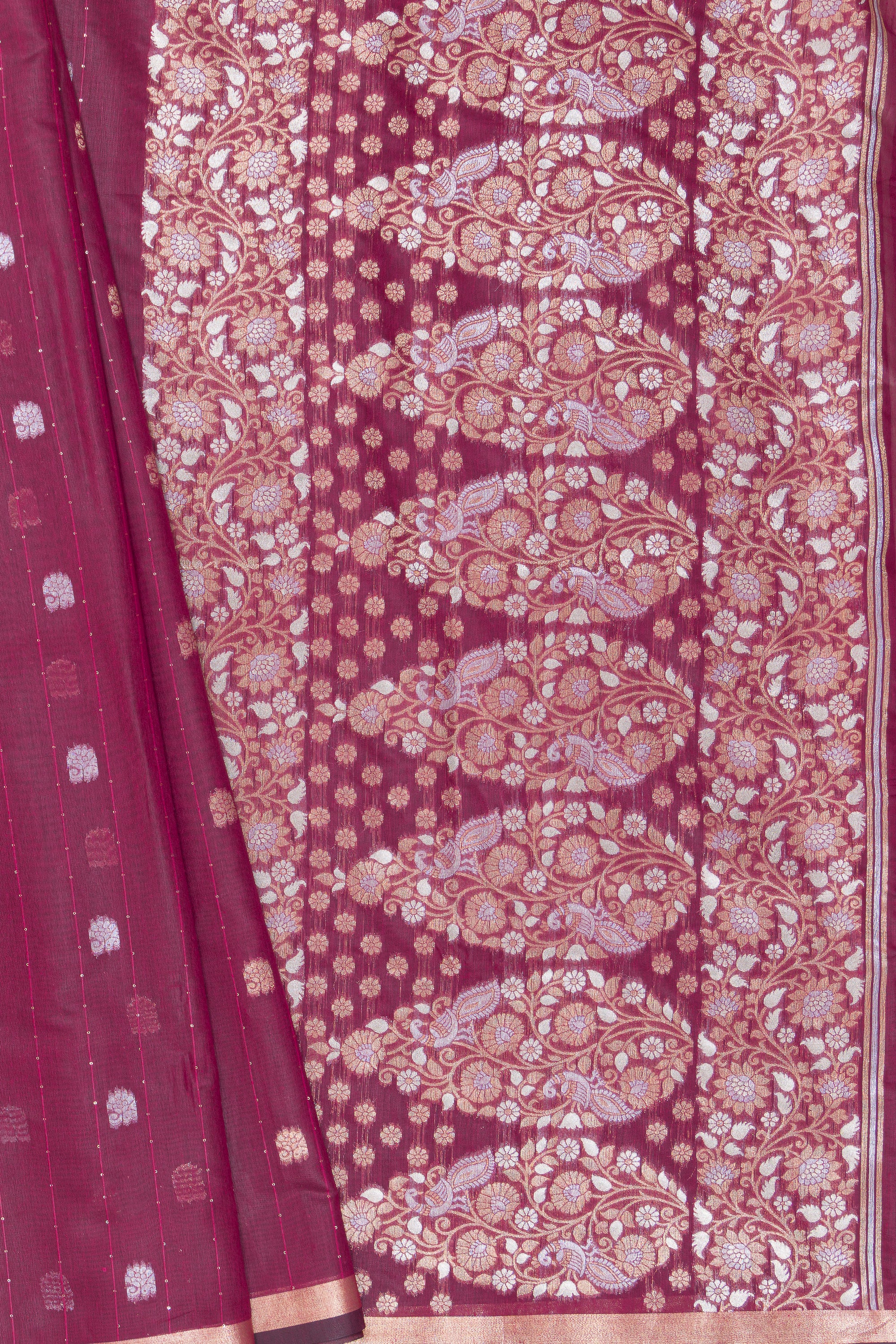 Cherry Red Jamdhani Cotton Paithani Saree with Resham stripes, Zari butti and Sequins work