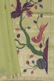 Lime Green Jamdhani Cotton Paithani Saree with Double butti and Pakṣivṛnda Pallu