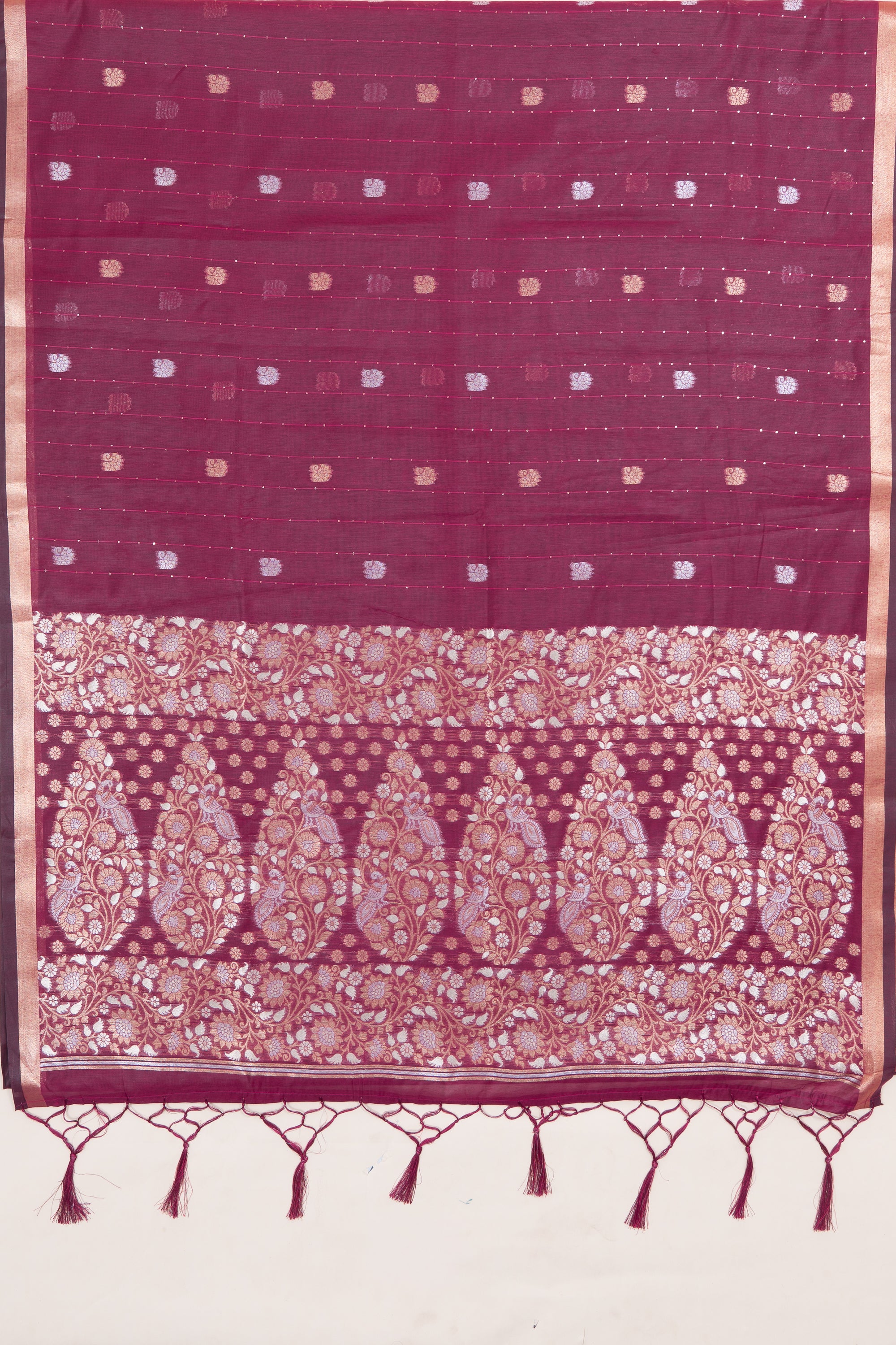 Cherry Red Jamdhani Cotton Paithani Saree with Resham stripes, Zari butti and Sequins work