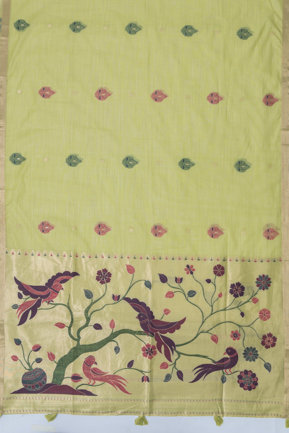 Lime Green Jamdhani Cotton Paithani Saree with Double butti and Pakṣivṛnda Pallu