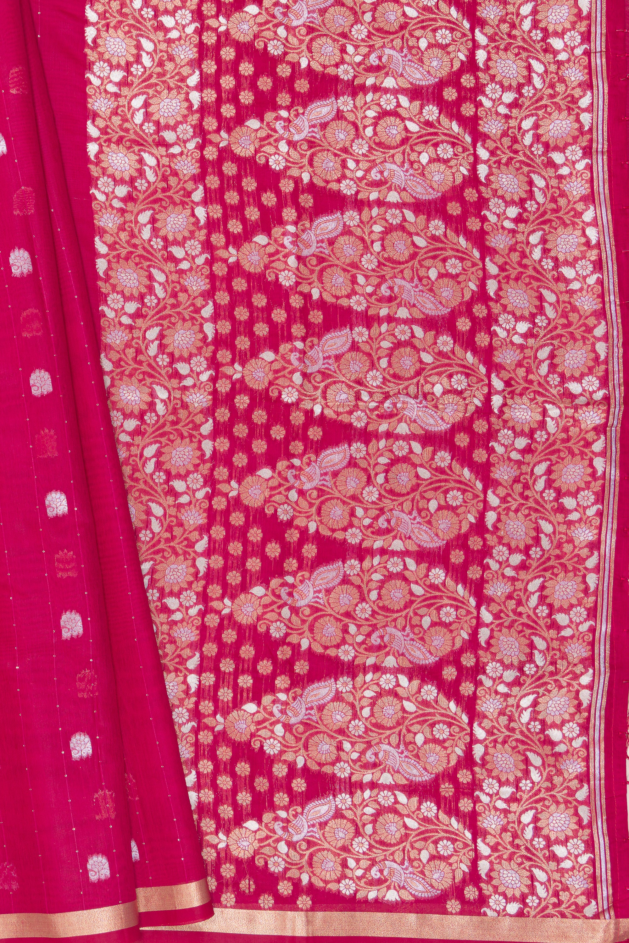 Rani Pink Jamdhani Cotton Paithani Saree with Resham stripes, Zari butti and Sequins work