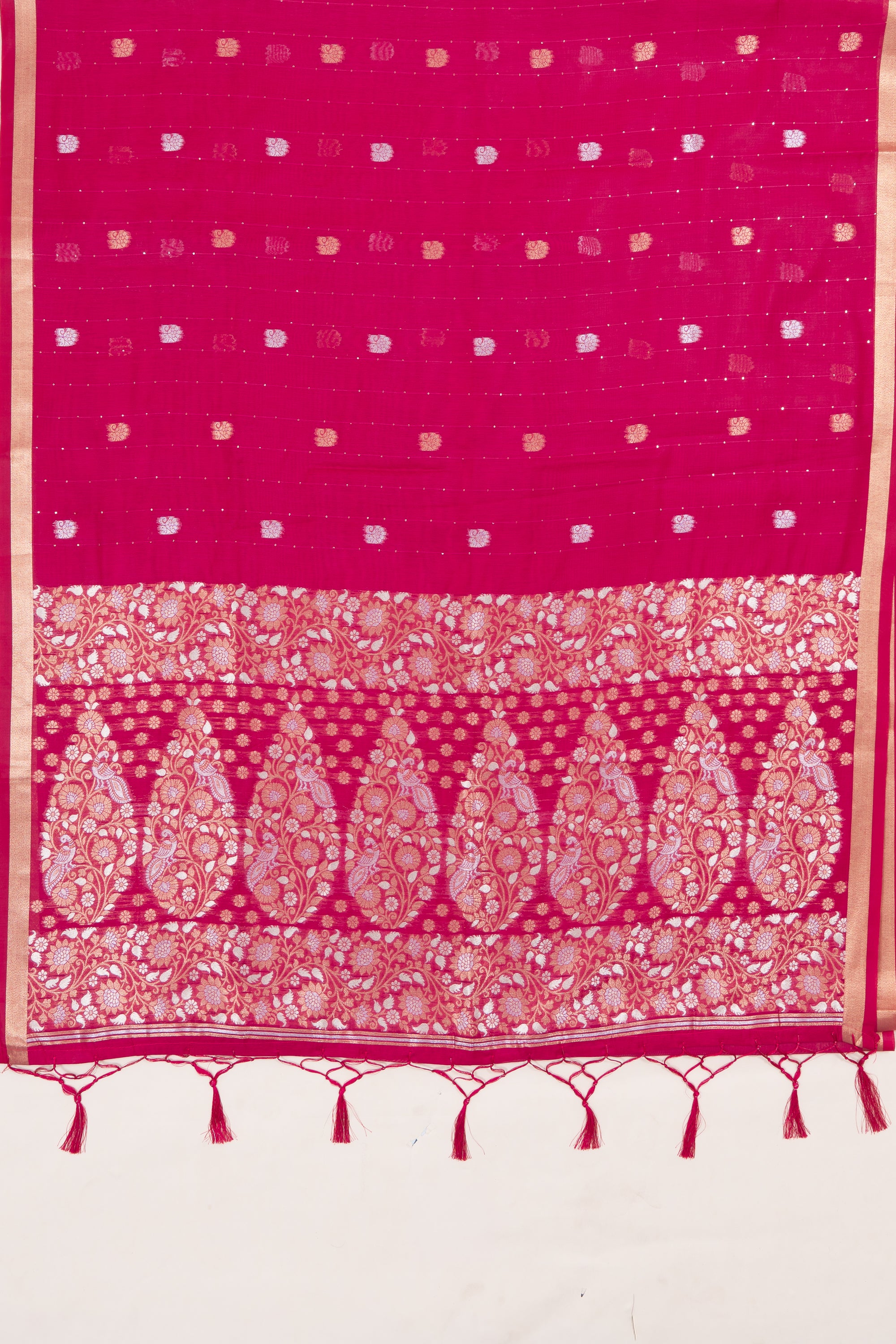 Rani Pink Jamdhani Cotton Paithani Saree with Resham stripes, Zari butti and Sequins work