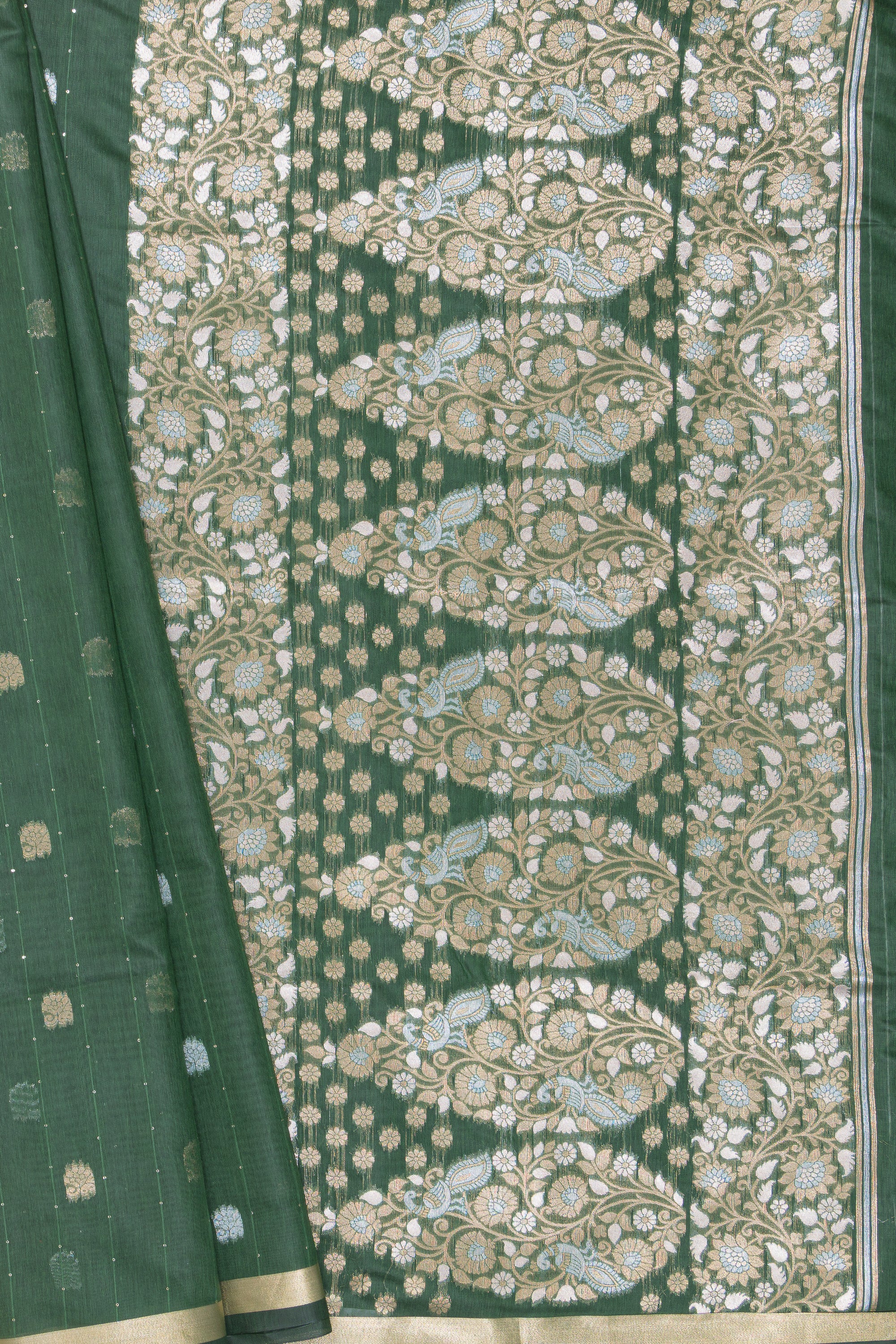 Emerald Green Jamdhani Cotton Paithani Saree with Resham stripes, Zari butti and Sequins work