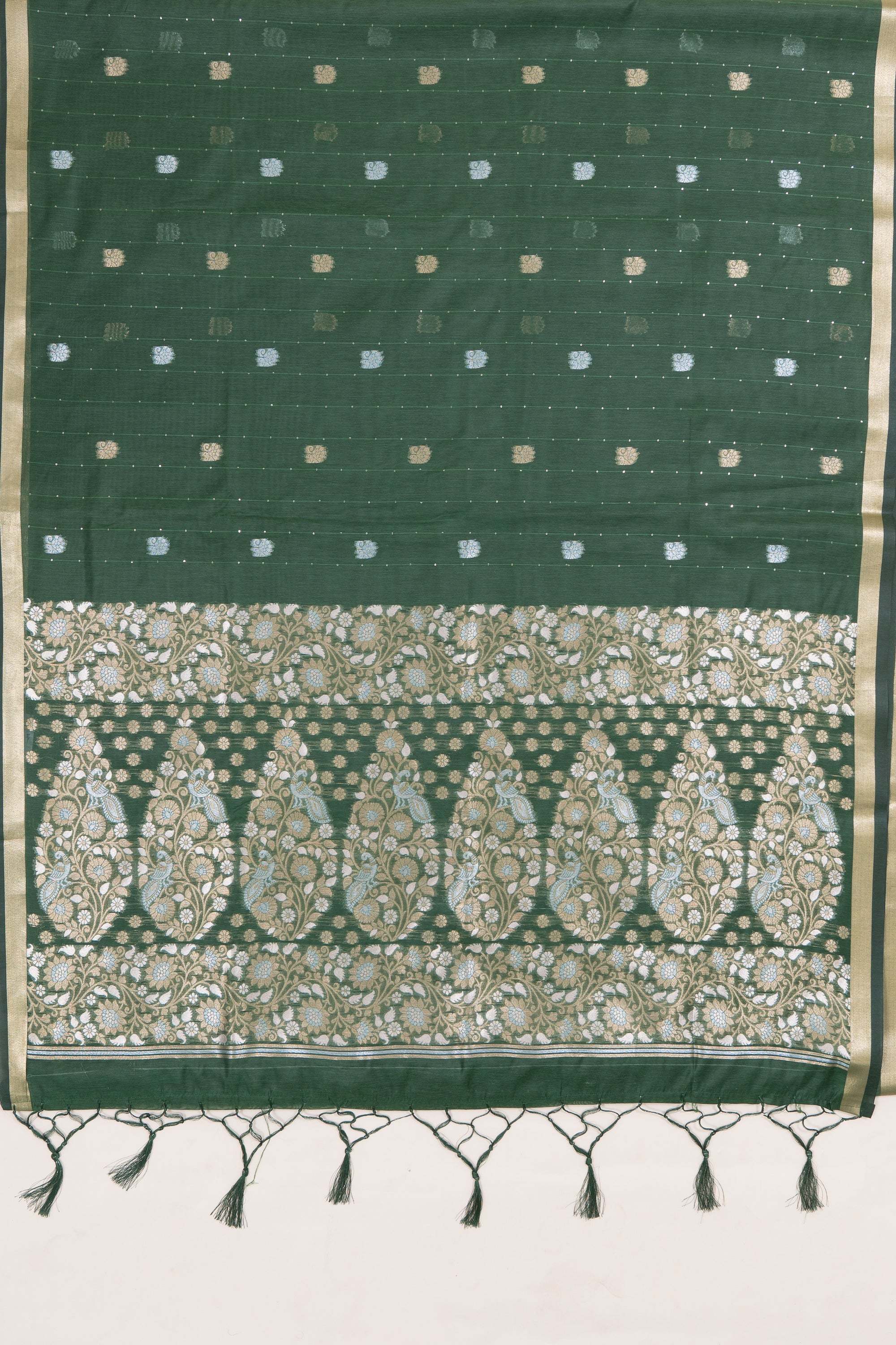 Emerald Green Jamdhani Cotton Paithani Saree with Resham stripes, Zari butti and Sequins work