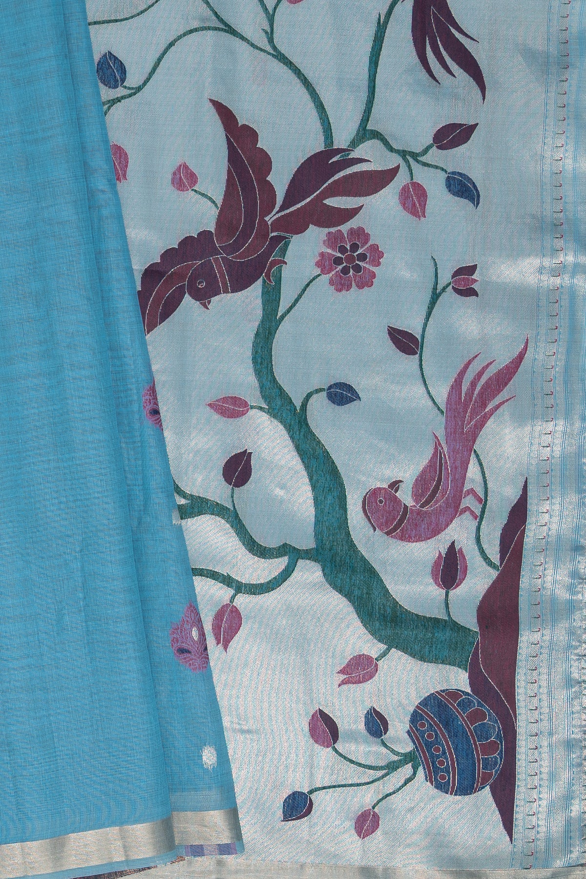 Sky Blue Jamdhani Cotton Paithani Saree with Double butti and Pakṣivṛnda Pallu