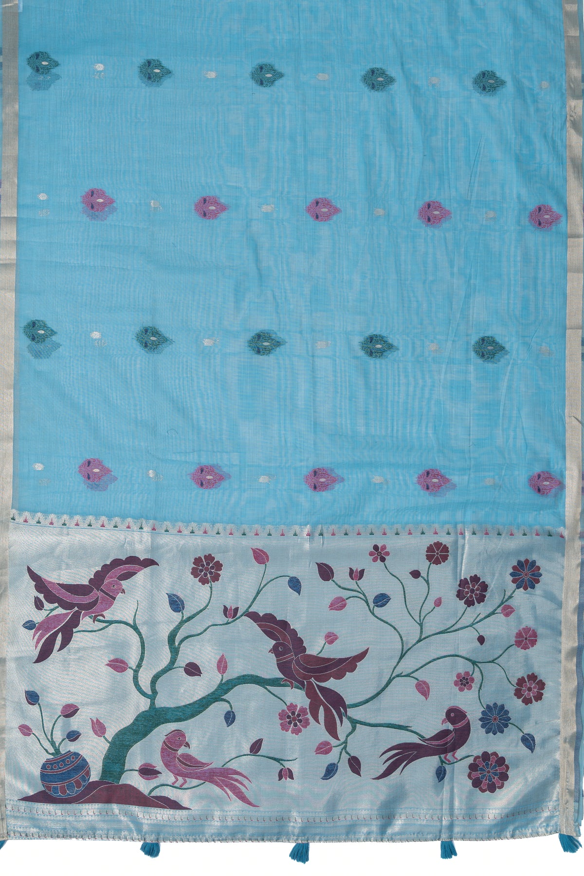 Sky Blue Jamdhani Cotton Paithani Saree with Double butti and Pakṣivṛnda Pallu