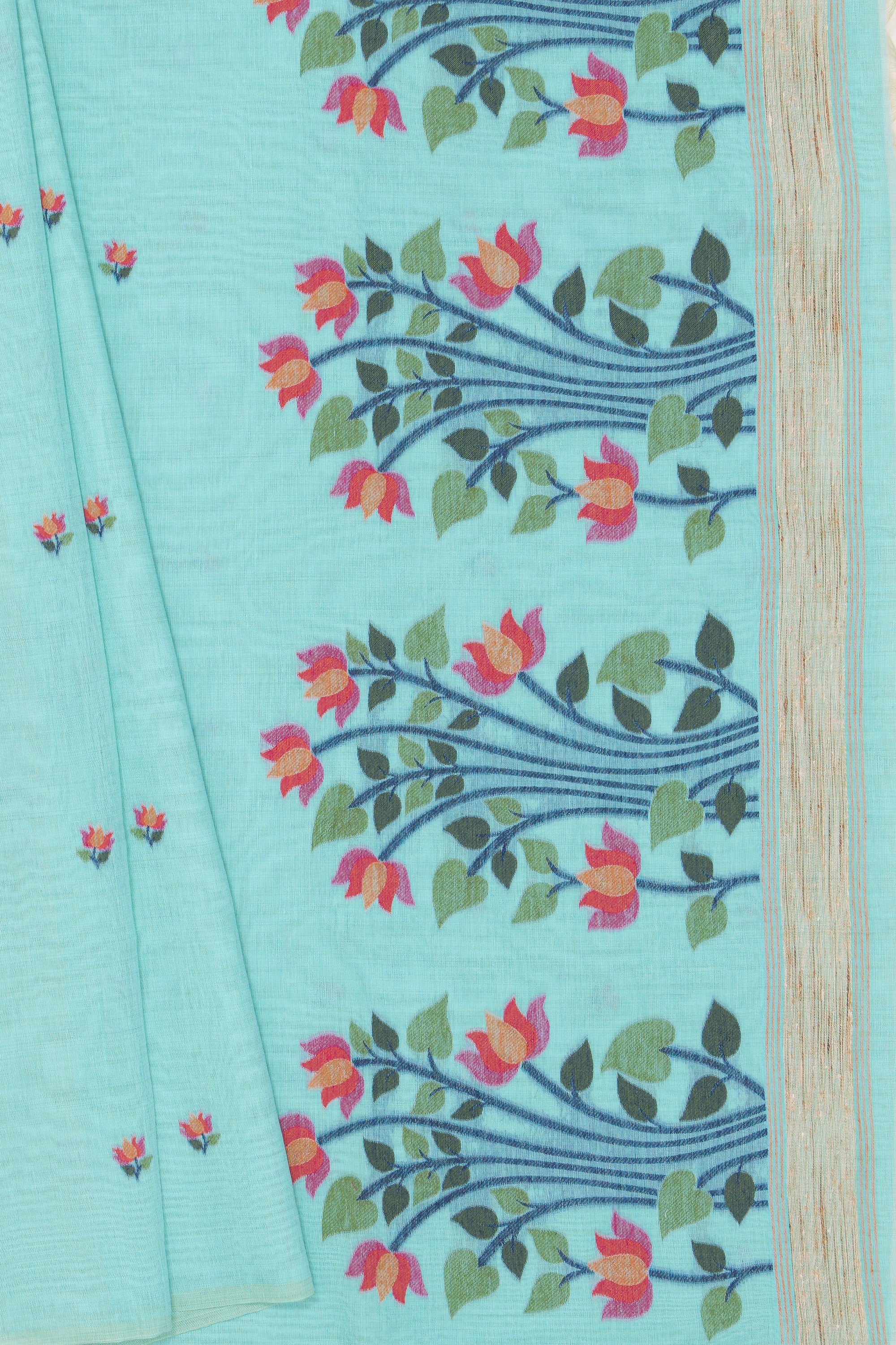 Sea Green Cotton Saree with Padma Pallu and Resham threadwork butti