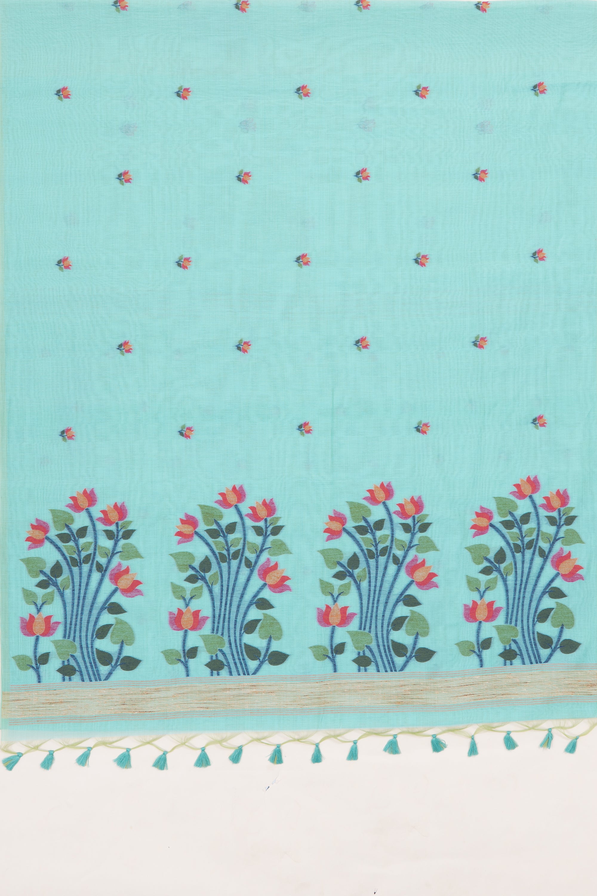 Sea Green Cotton Saree with Padma Pallu and Resham threadwork butti