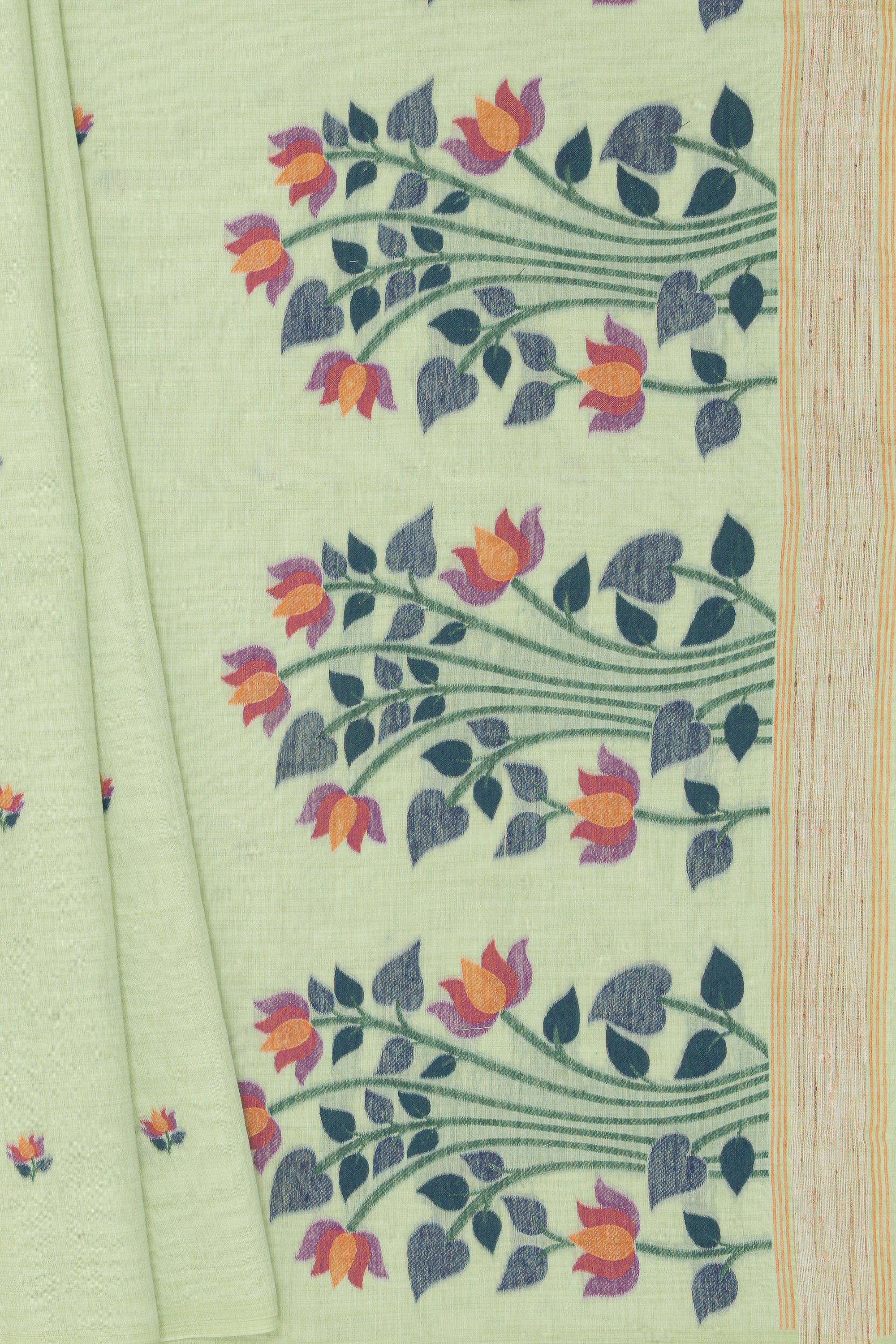 Green Cotton Saree with Padma Pallu and Resham threadwork butti