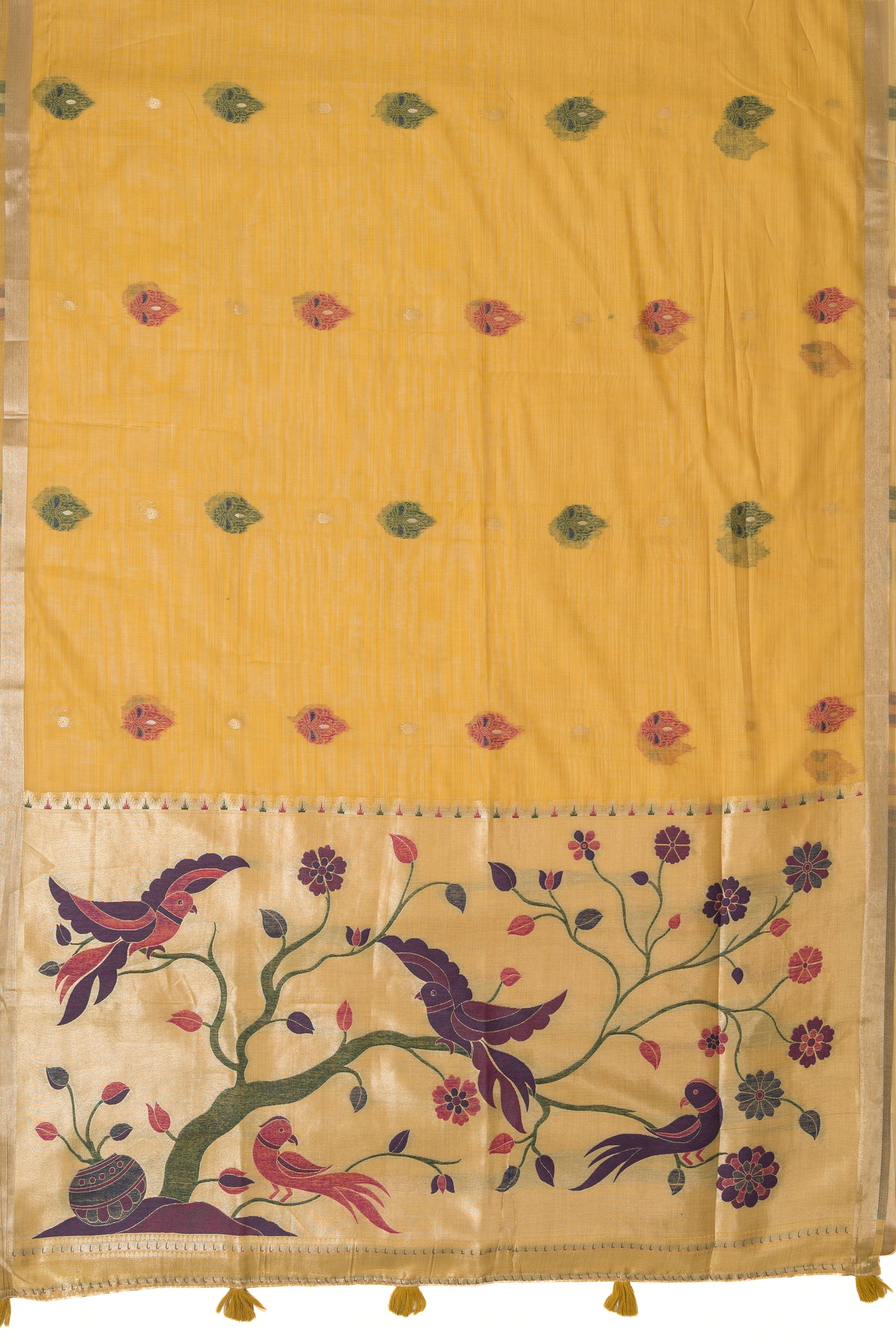 Marigold Yellow Jamdhani Cotton Paithani Saree with Double butti and Pakṣivṛnda Pallu