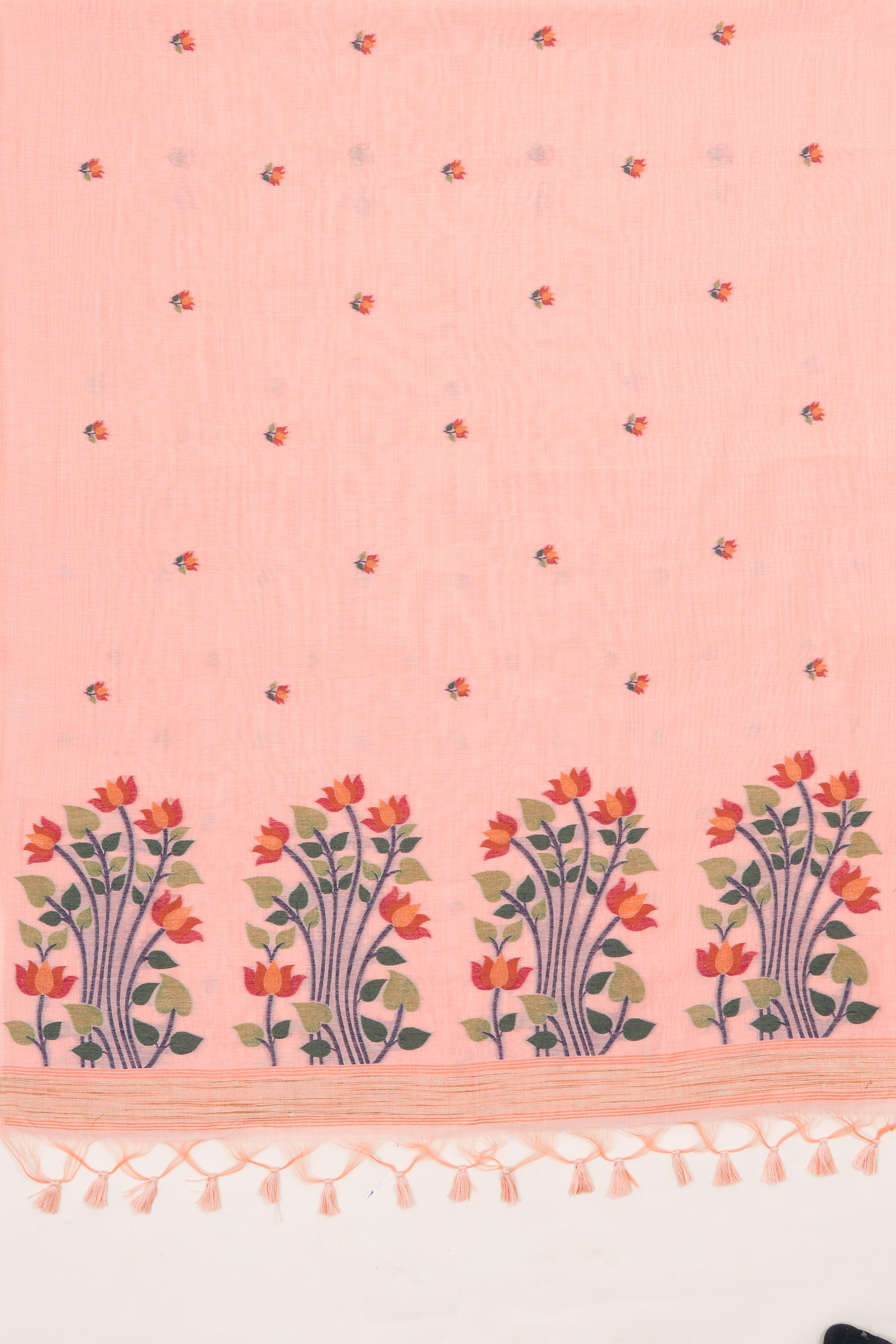 Peach Cotton Saree with Padma Pallu and Resham threadwork butti