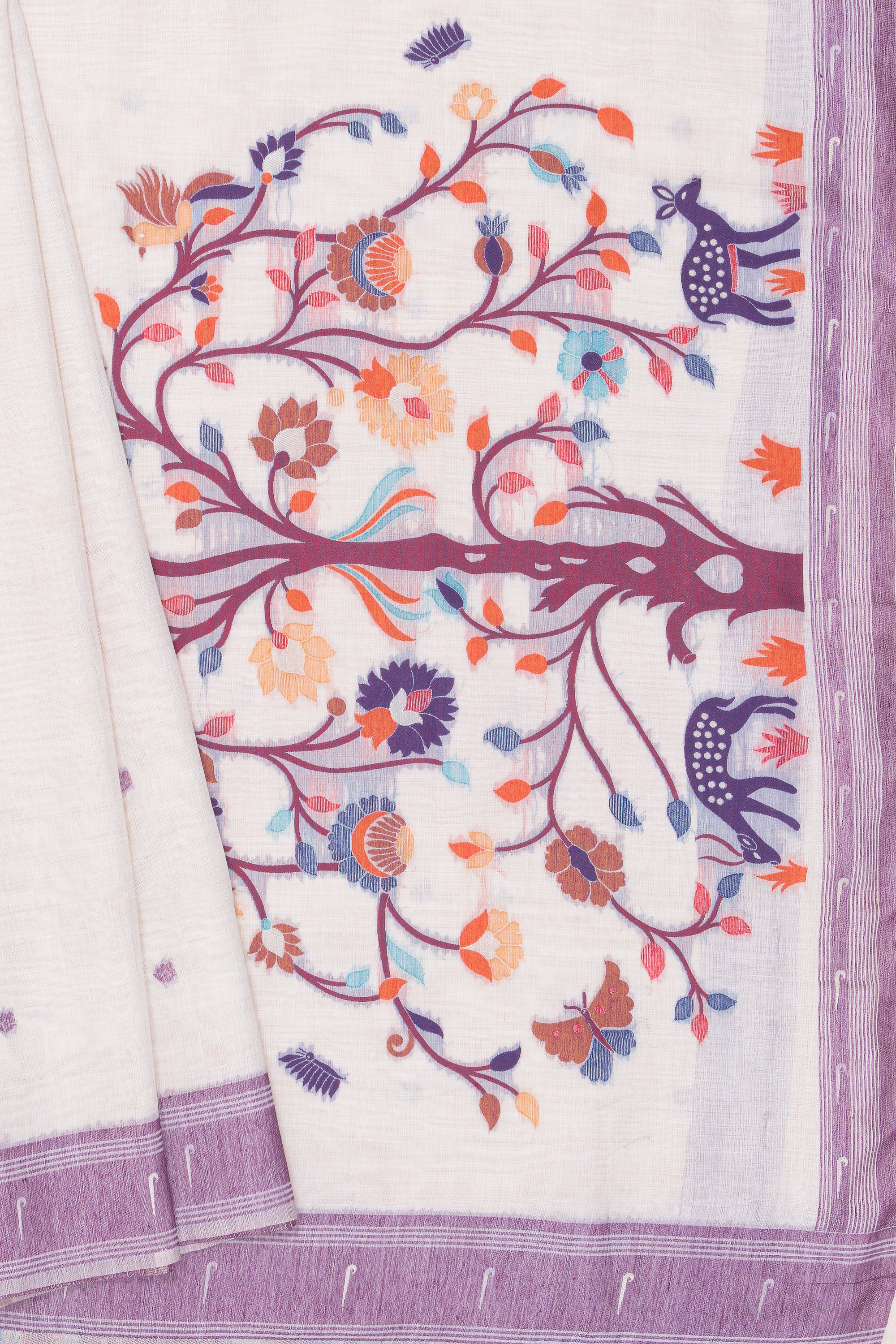 Cream Cotton Paithani Saree with Mṛgataru-Padmāvalī Pallu and contrast Purple Munya border