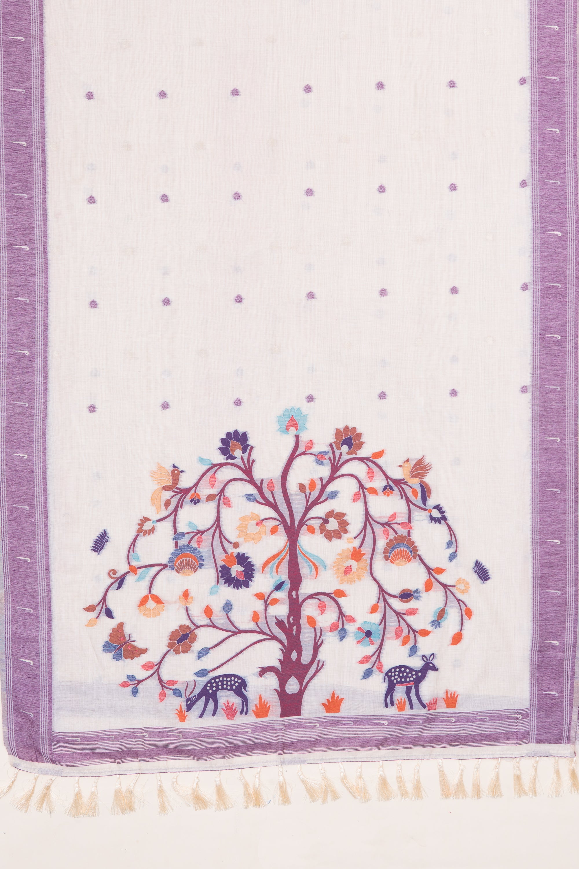 Cream Cotton Paithani Saree with Mṛgataru-Padmāvalī Pallu and contrast Purple Munya border