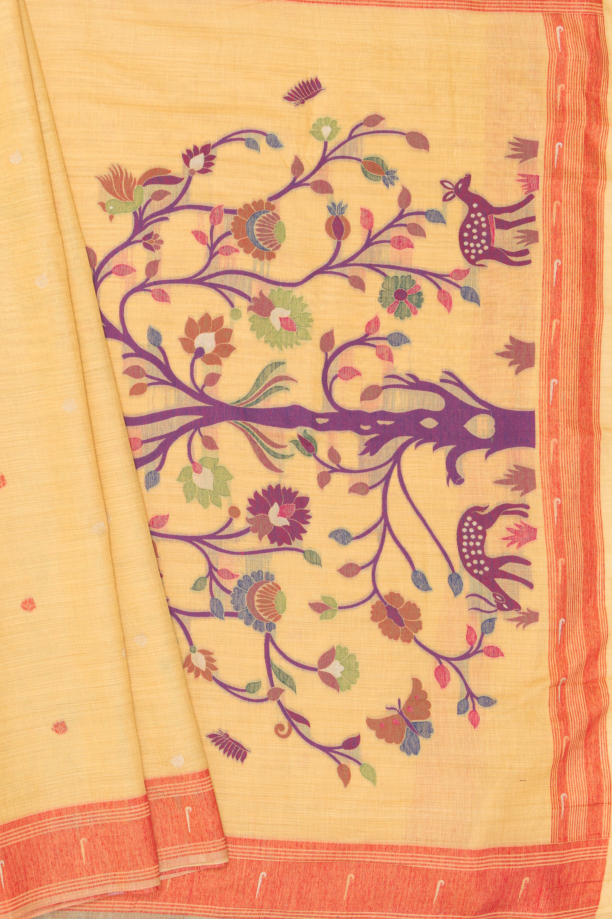 Haldi Yellow Cotton Paithani Saree with Mṛgataru-Padmāvalī Pallu and contrast Forest Munya border