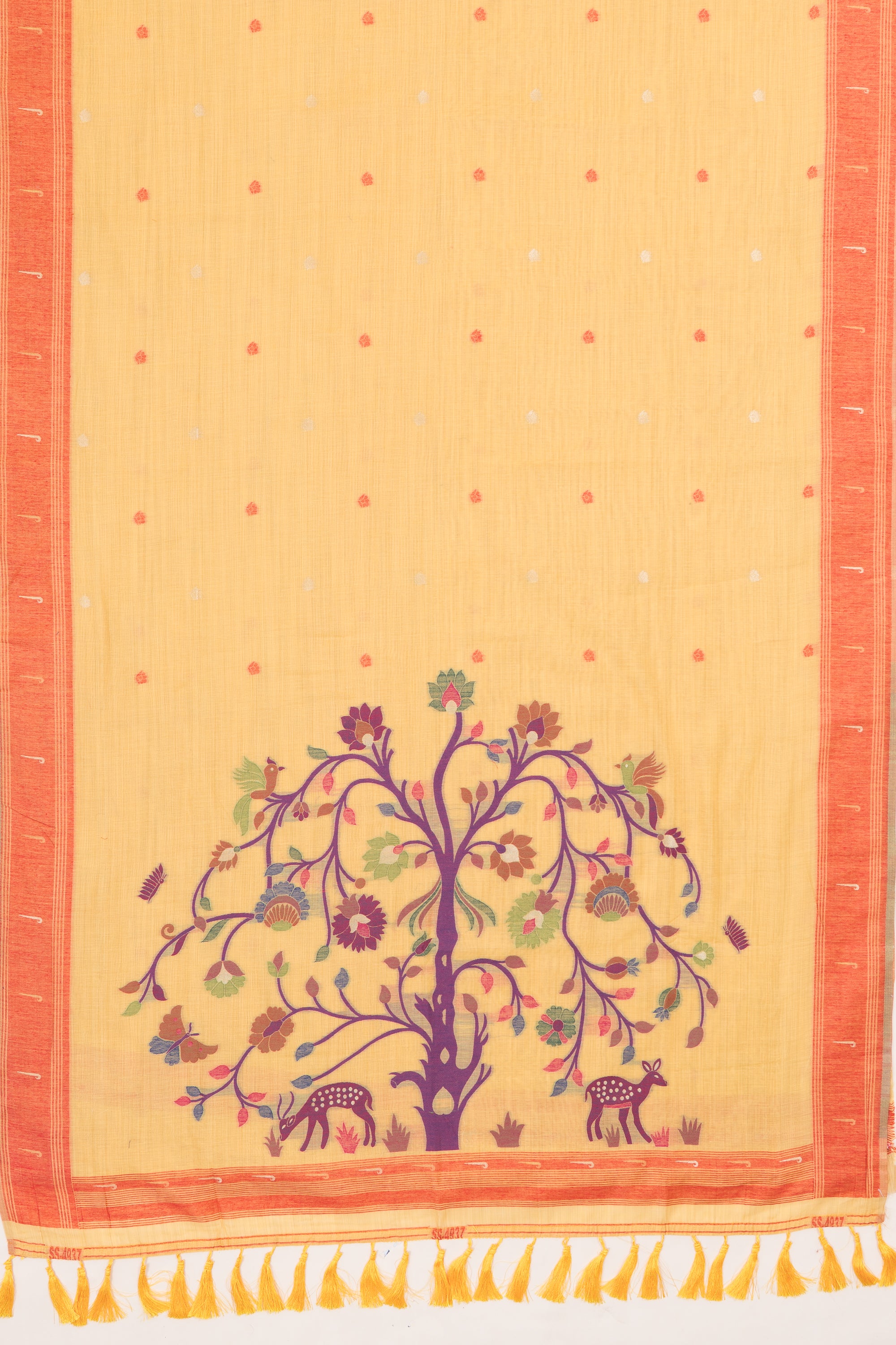 Haldi Yellow Cotton Paithani Saree with Mṛgataru-Padmāvalī Pallu and contrast Forest Munya border