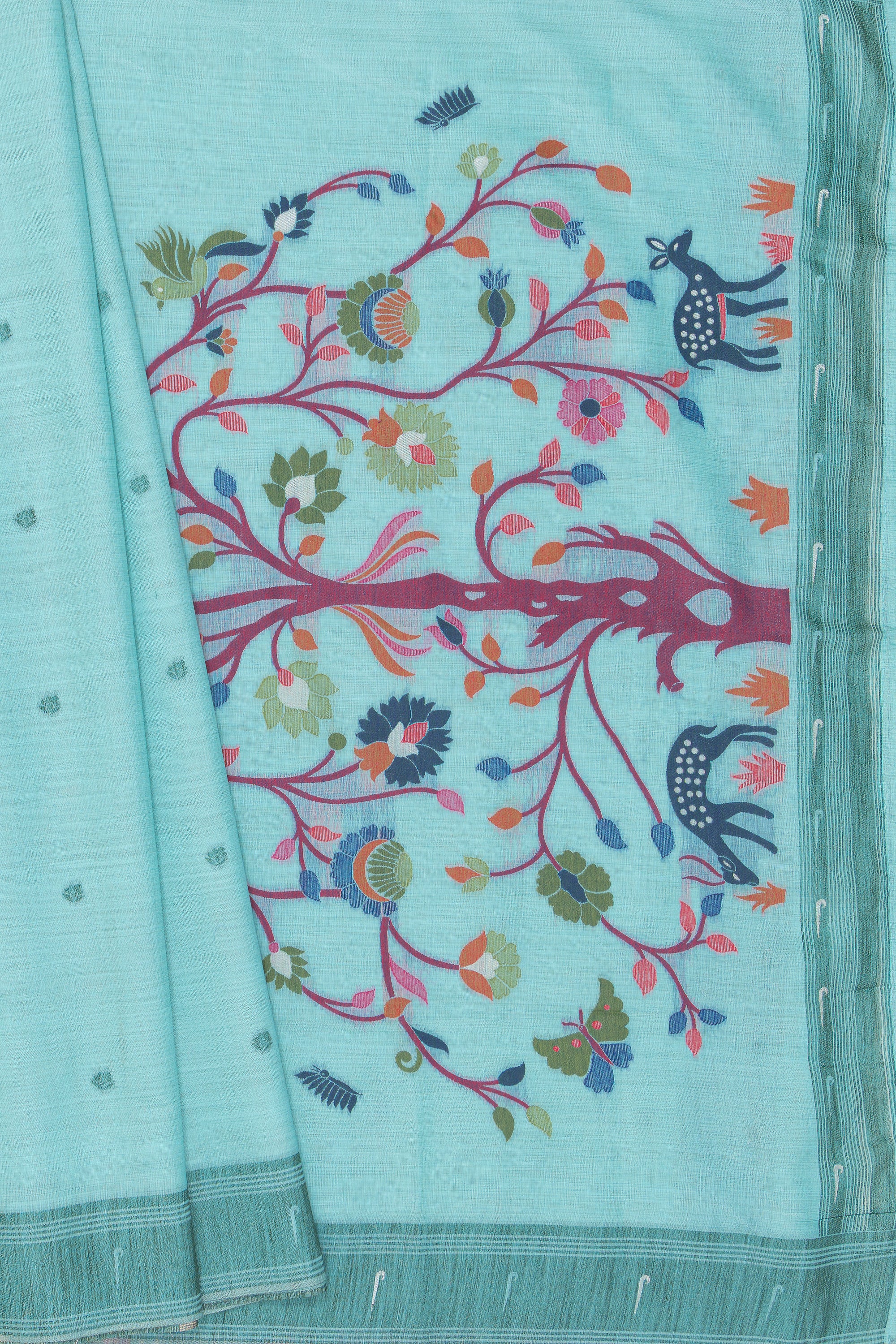 Sea Green Cotton Paithani Saree with Mṛgataru-Padmāvalī Pallu and contrast Forest Munya border