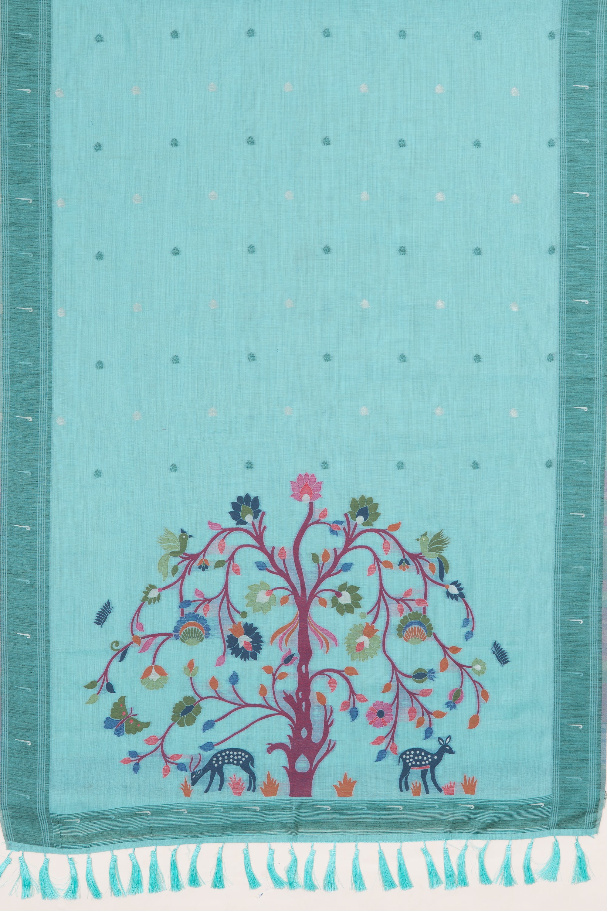 Sea Green Cotton Paithani Saree with Mṛgataru-Padmāvalī Pallu and contrast Forest Munya border