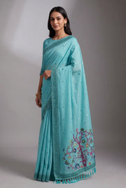 Sea Green Cotton Paithani Saree with Mṛgataru-Padmāvalī Pallu and contrast Forest Munya border
