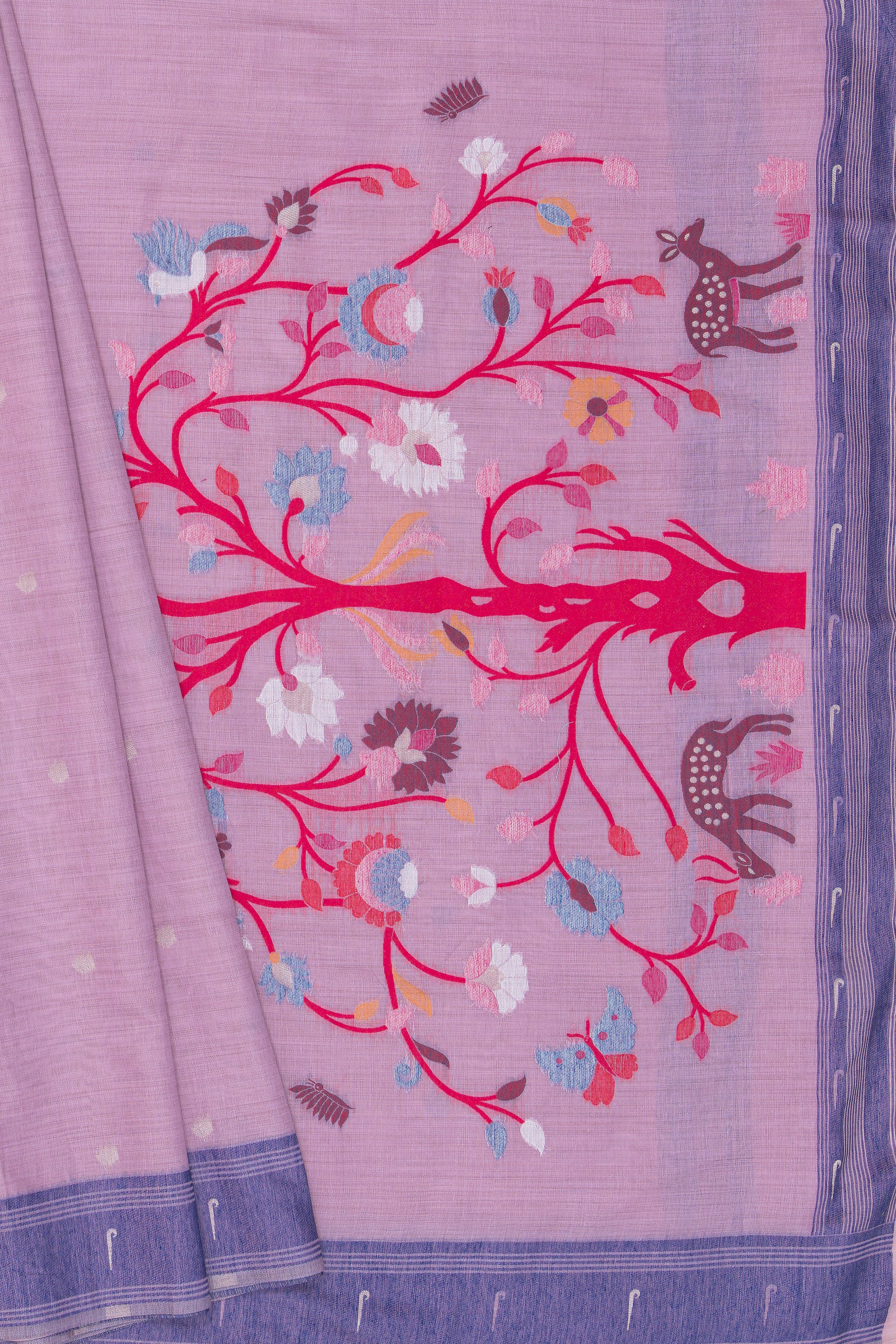 Lavender Cotton Paithani Saree with Mṛgataru-Padmāvalī Pallu and contrast Forest Munya border