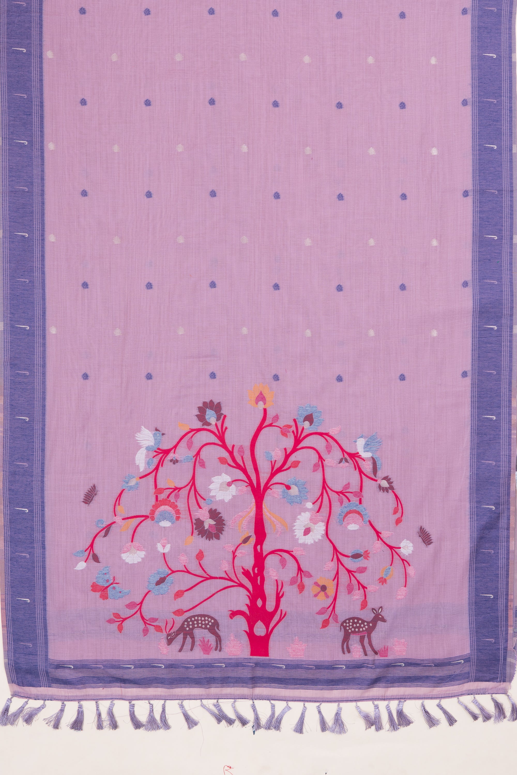 Lavender Cotton Paithani Saree with Mṛgataru-Padmāvalī Pallu and contrast Forest Munya border