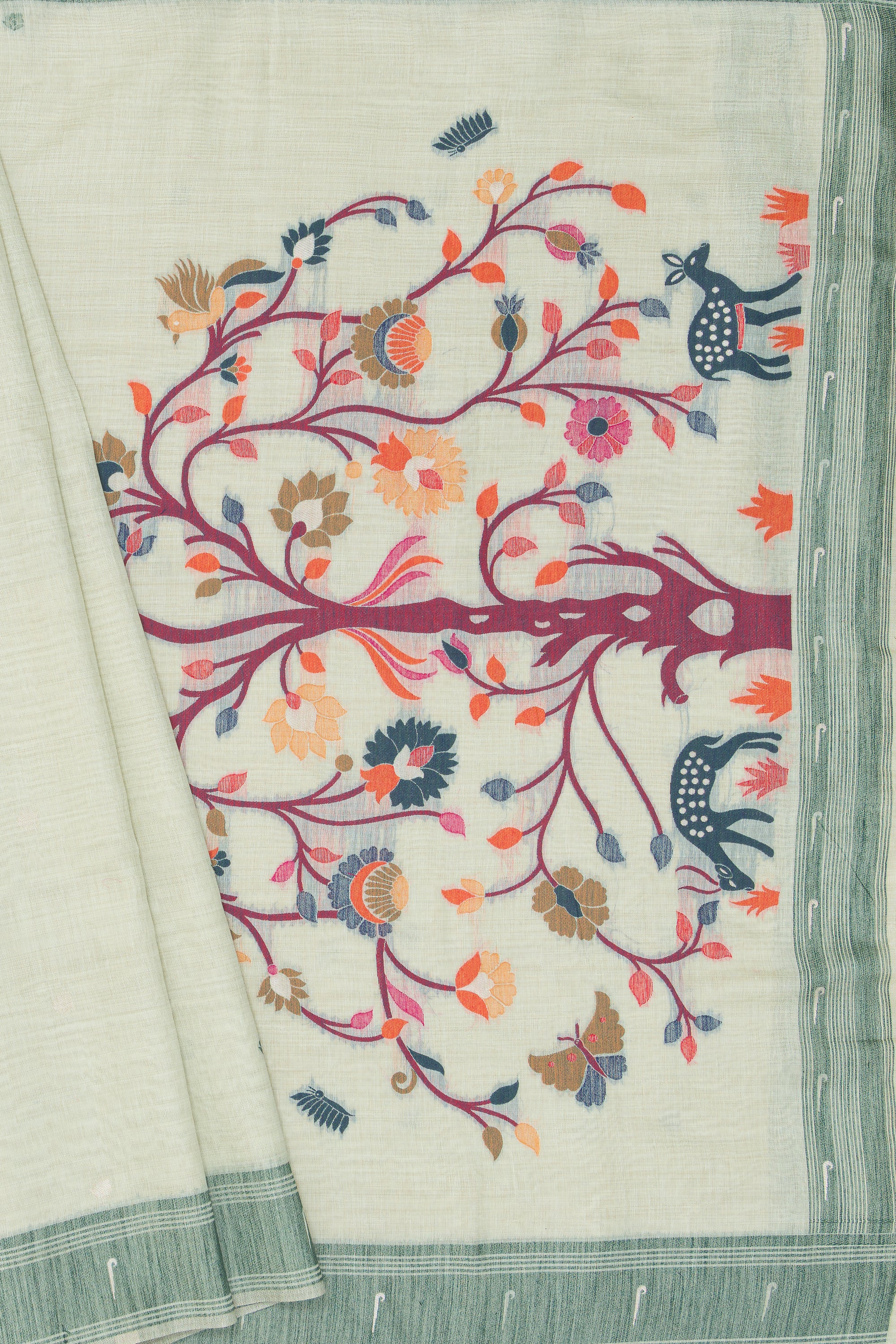 Pastel Green Cotton Paithani Saree with Mṛgataru-Padmāvalī Pallu and contrast Forest Munya border