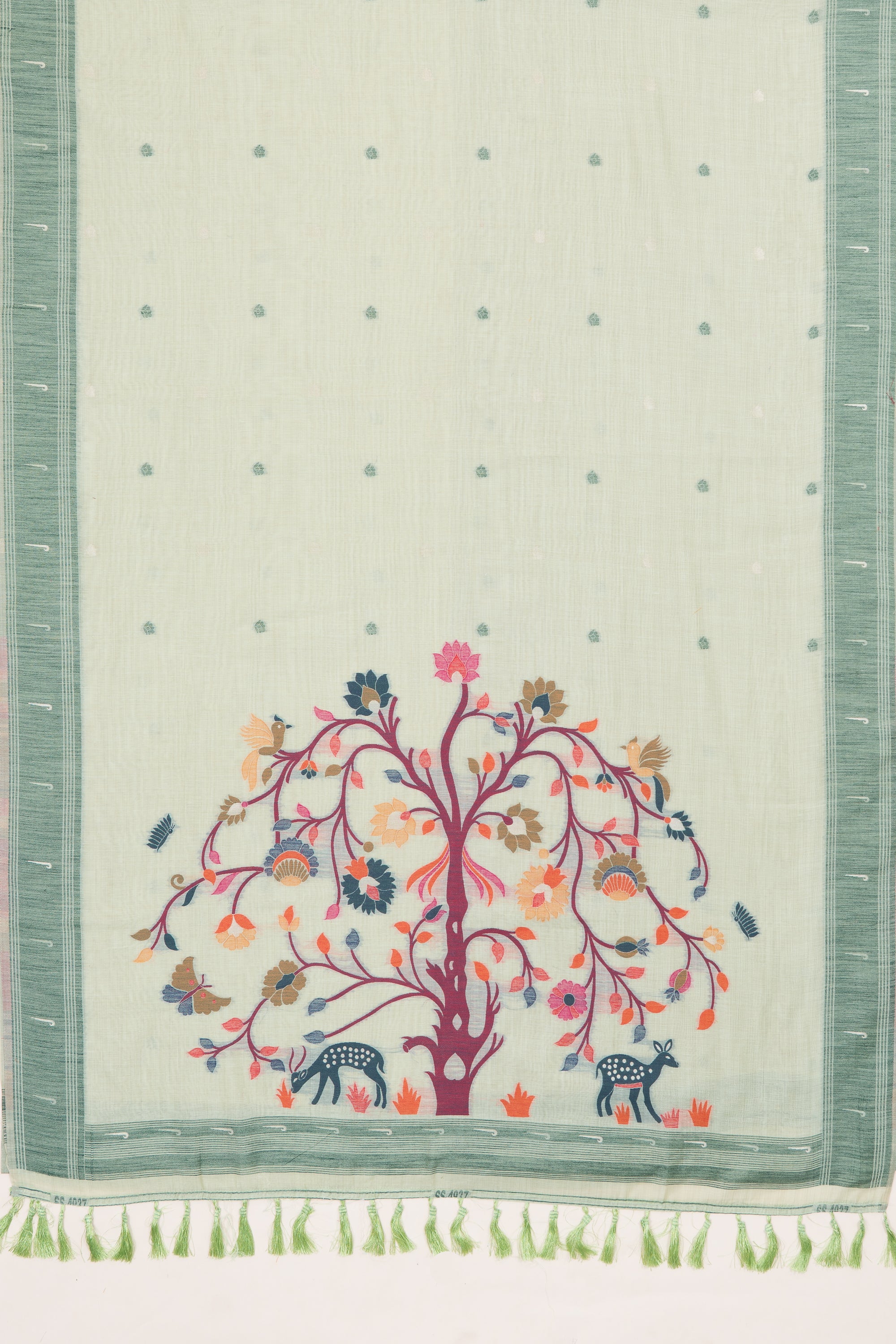 Pastel Green Cotton Paithani Saree with Mṛgataru-Padmāvalī Pallu and contrast Forest Munya border