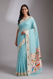 Pastel Blue Tissue Organza Paithani Saree with Hans Pallu and border