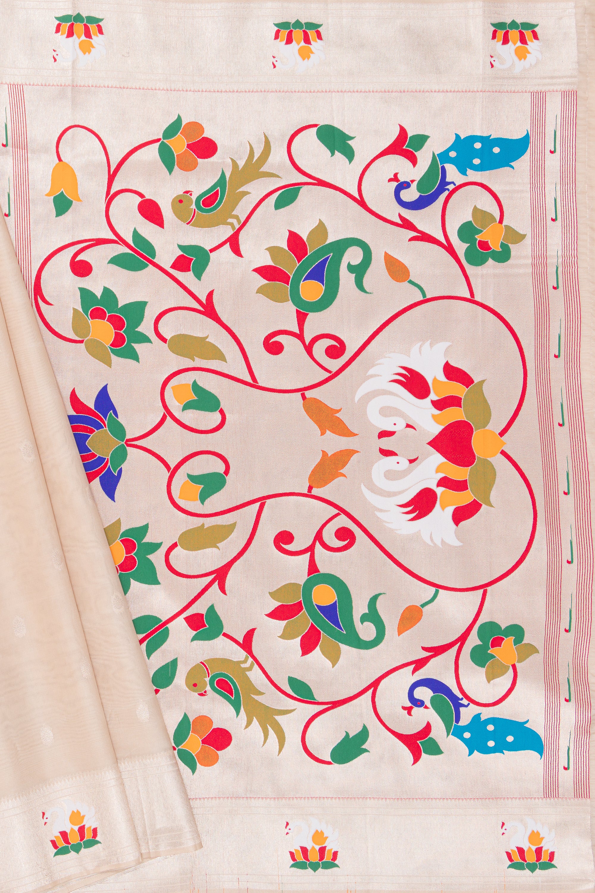 Cream Tissue Organza Paithani Saree with Hans Pallu and border