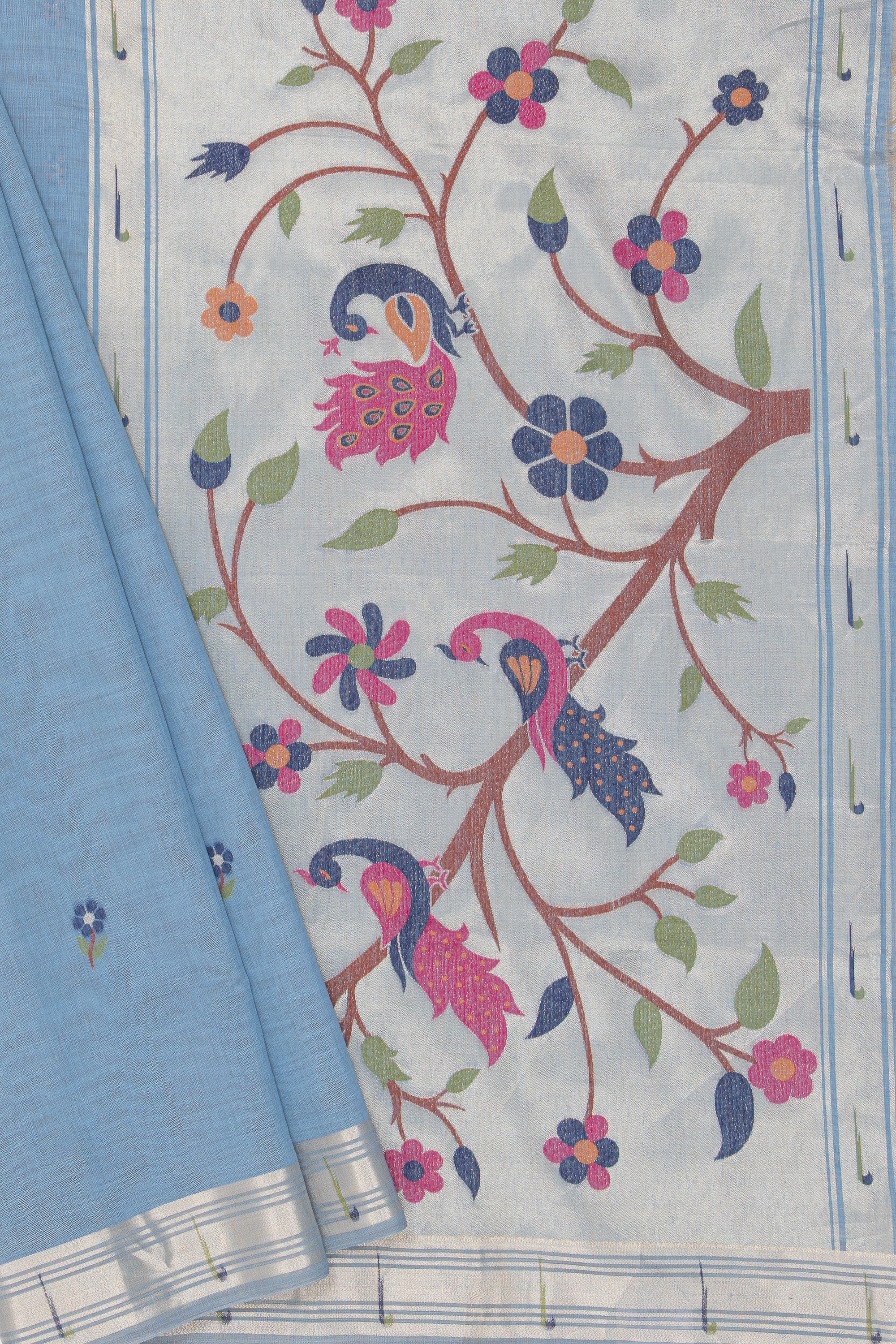 Cloudy Blue Jamdhani Cotton Paithani Saree with Adbhuta Mayūra Pallu