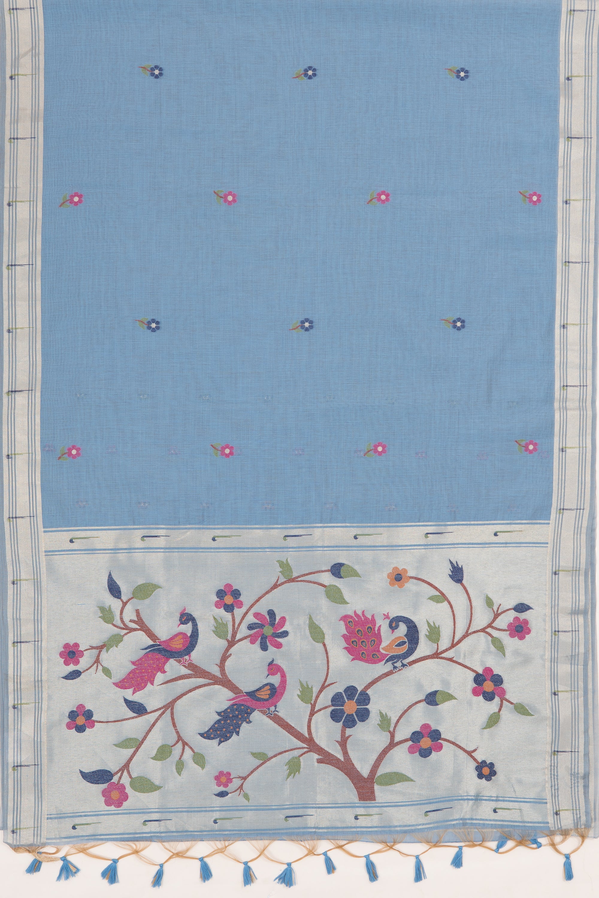 Cloudy Blue Jamdhani Cotton Paithani Saree with Adbhuta Mayūra Pallu