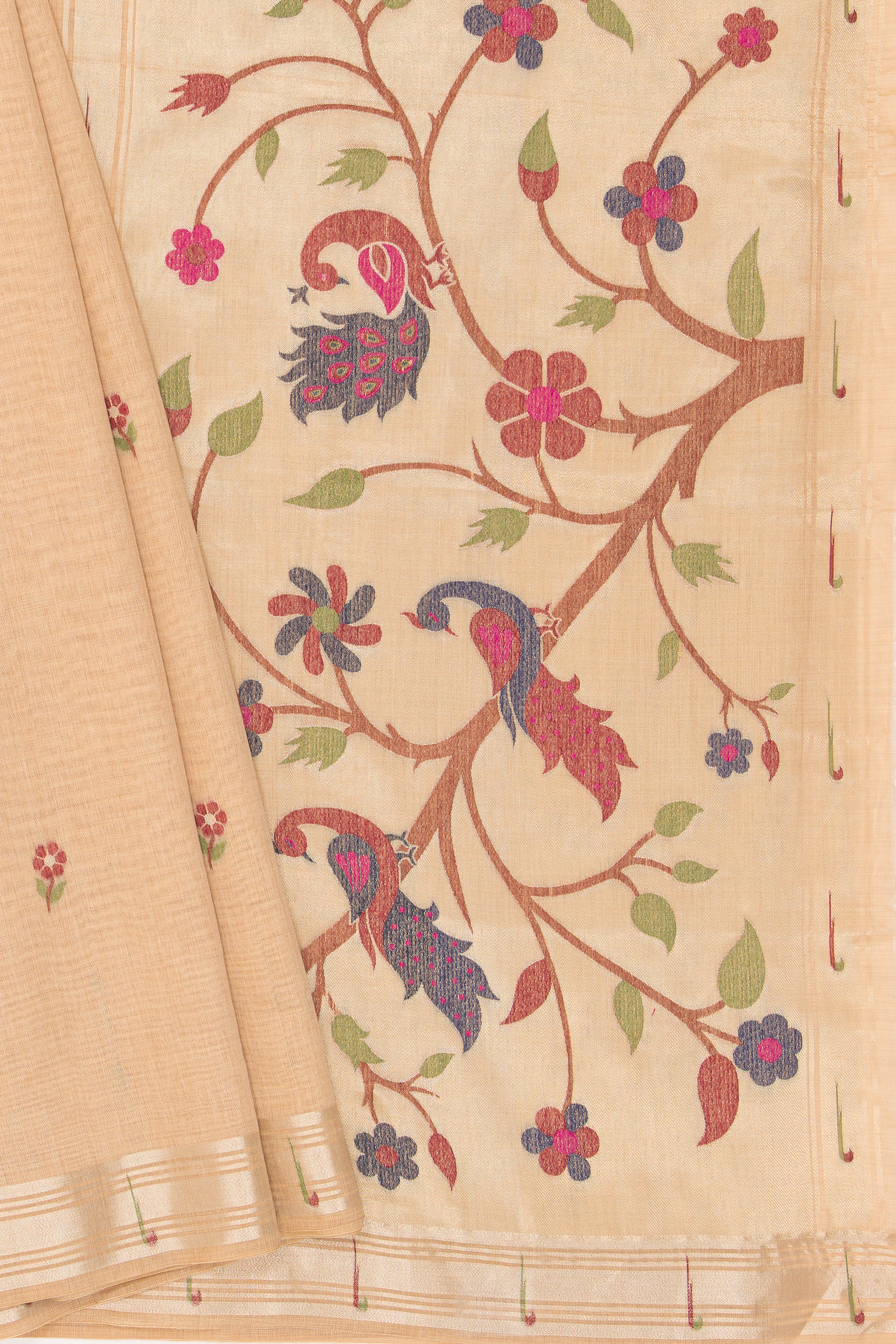 Butter Yellow Jamdhani Cotton Paithani Saree with Adbhuta Mayūra Pallu